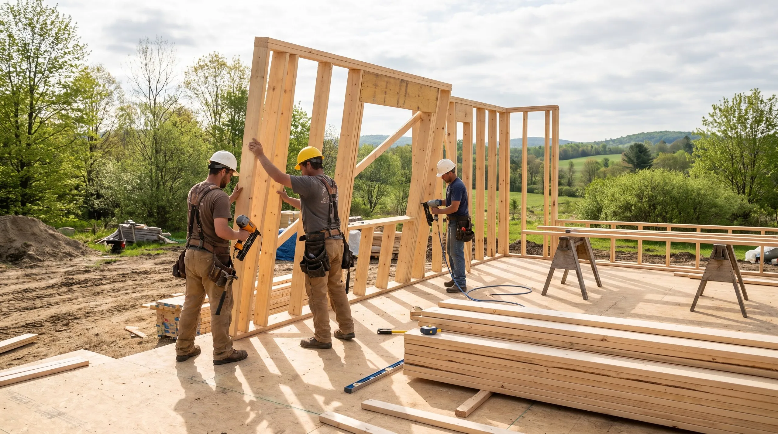 Residential home builder Dresden Maine: three framers raising and nailing a stud wall on a new subfloor with fields behind