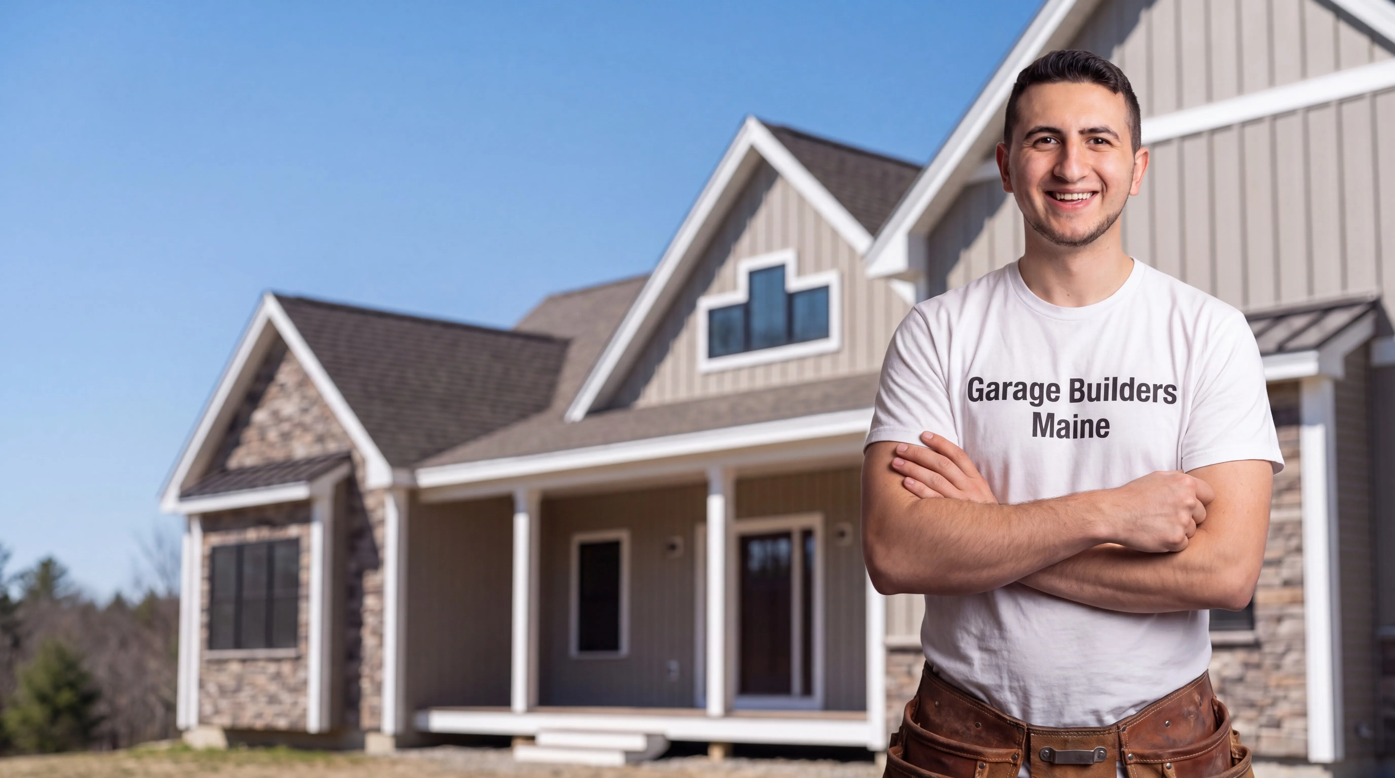 Owner of Garage Builders Maine standing with his arms crossed and smiling at a Maine job site