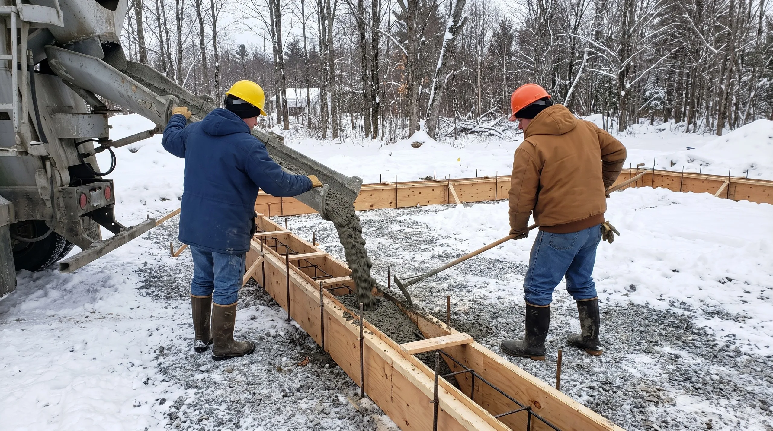 New home builder Farmingdale Maine: two workers pouring concrete from a mixer chute into a footing form with rebar on a snowy lot
