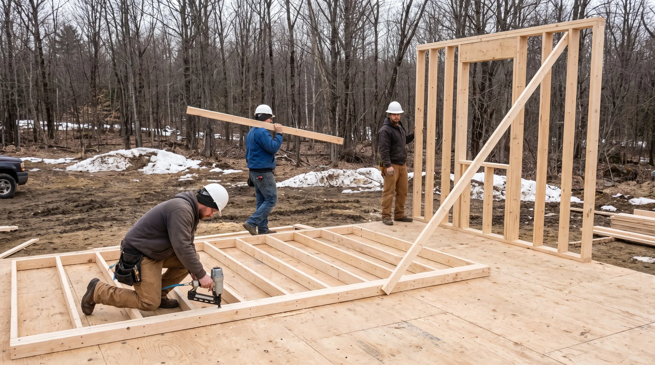 Residential home builder Farmingdale Maine: crew framing on a subfloor, nailing a flat wall beside a braced raised wall
