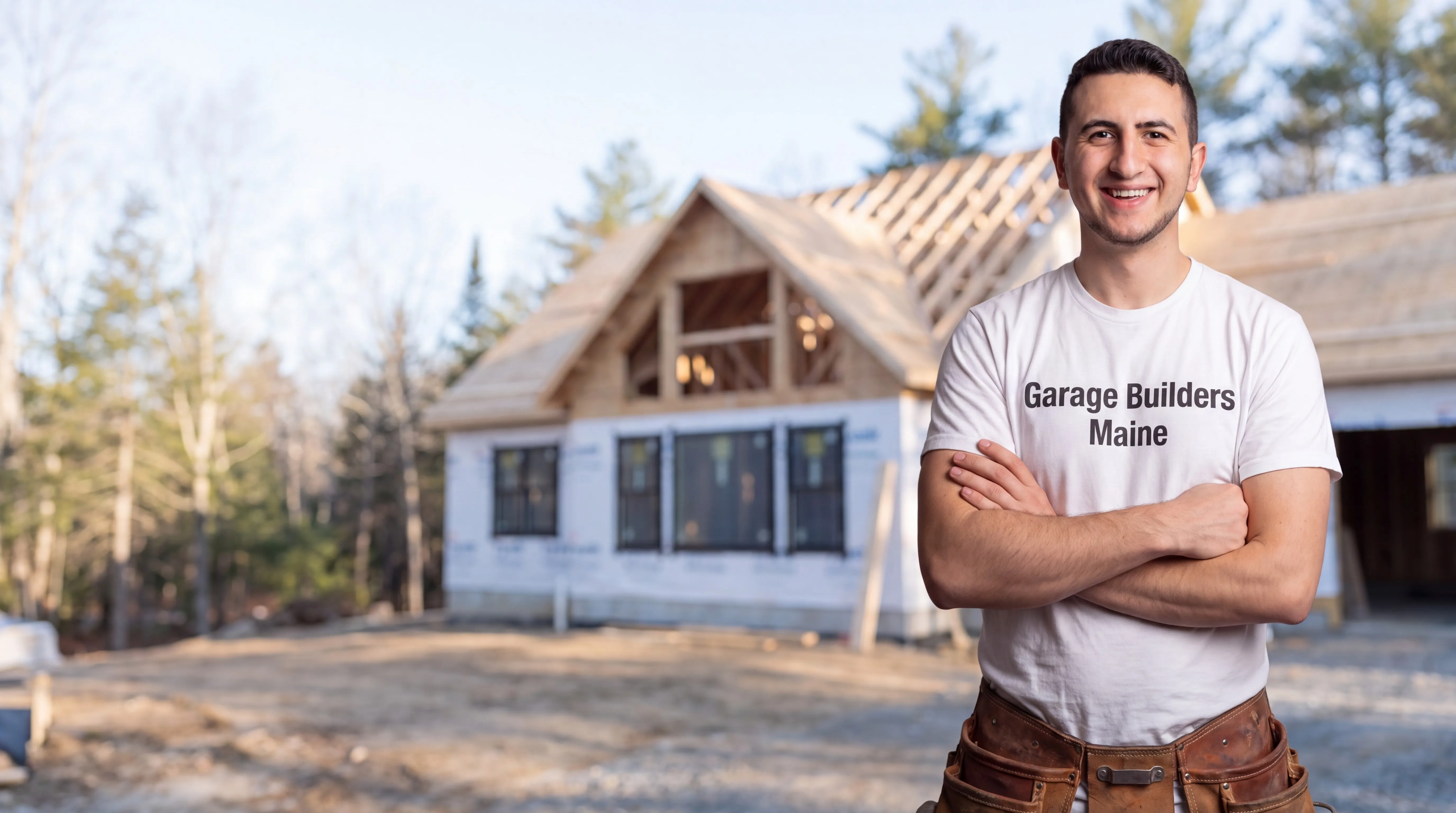 Custom home builder Farmingdale Maine: owner with arms crossed in front of a house shell in house wrap
