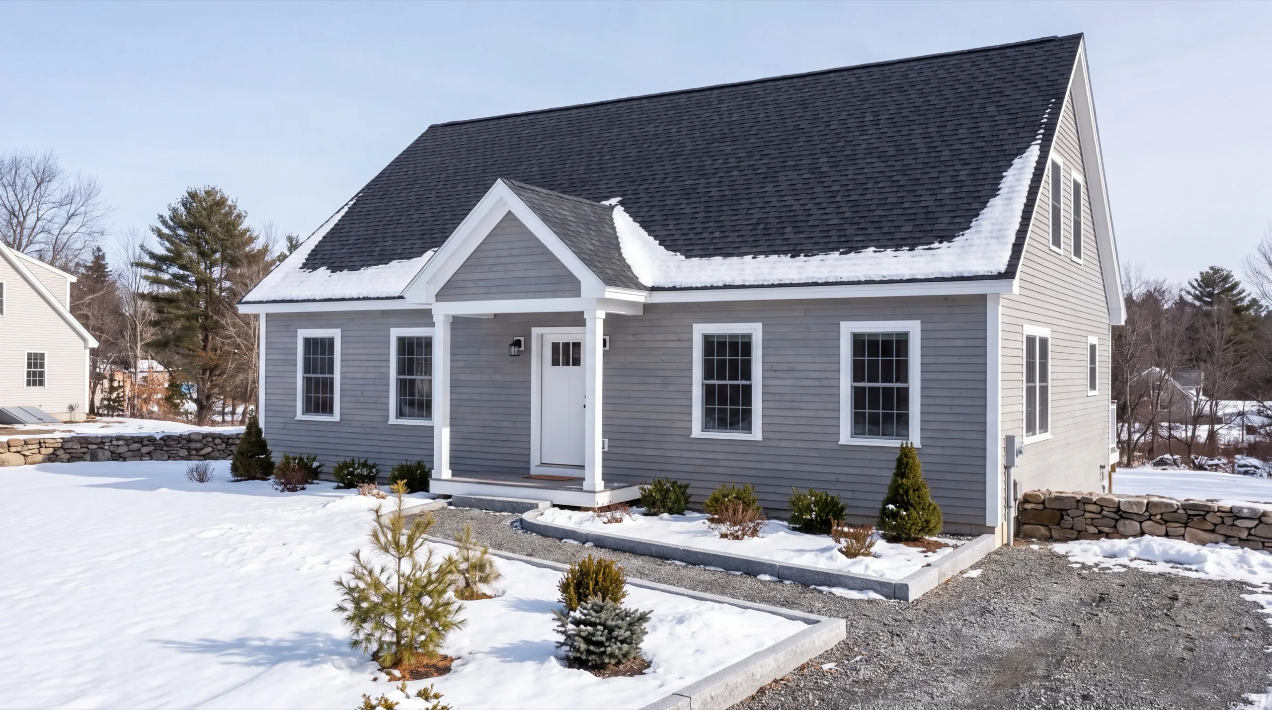 Custom home builder Gardiner Maine: finished gray cape with a gabled entry porch and new plantings in snow
