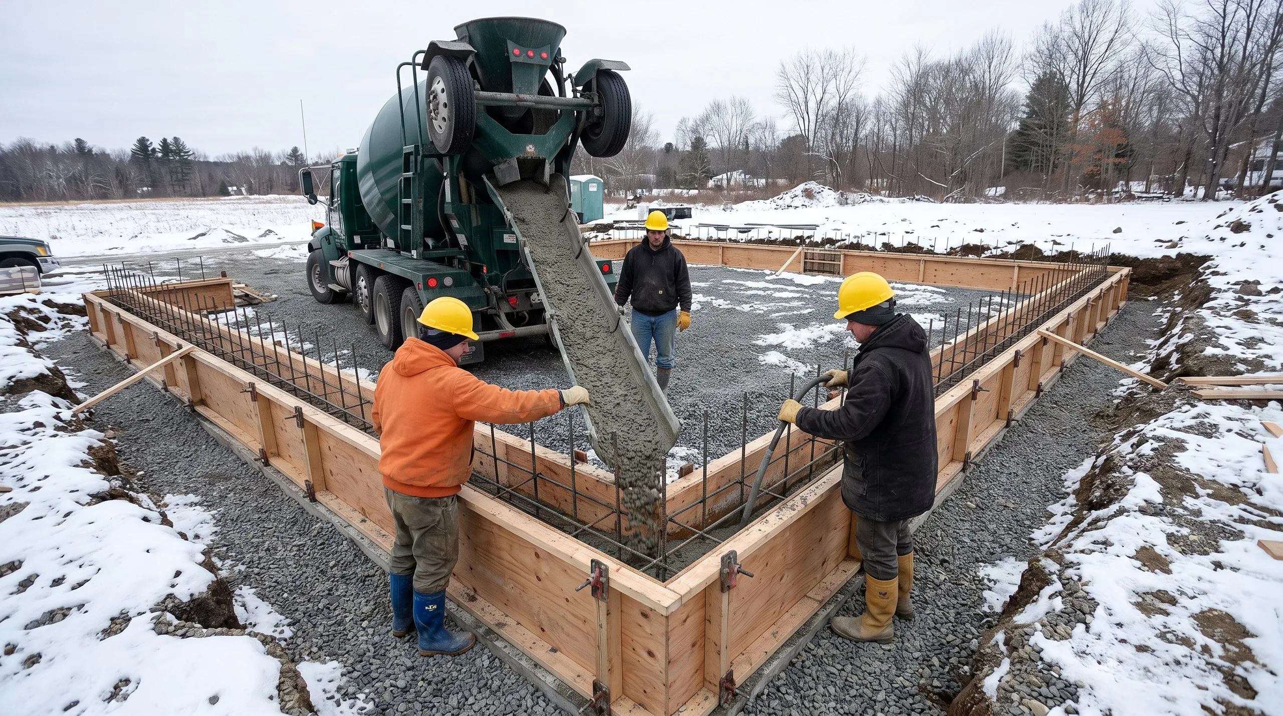 Ready-mix chute pouring concrete into a rebar footing form as a three-person crew works the pour in snow in Gardiner, Maine