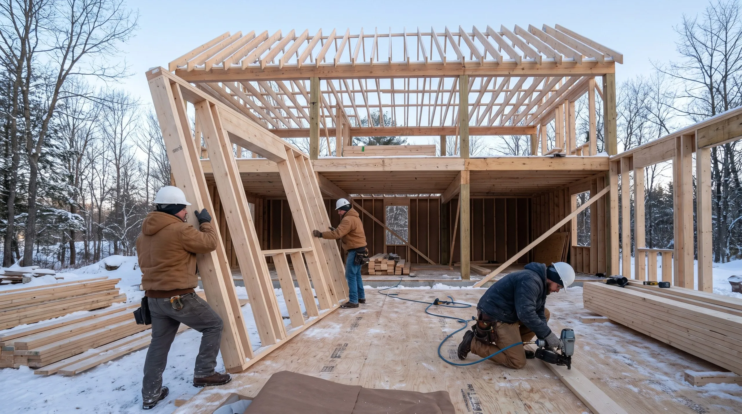 Residential home builder Gardiner Maine: crew raising a stud wall with a window opening on a snowy subfloor, roof rafters set above