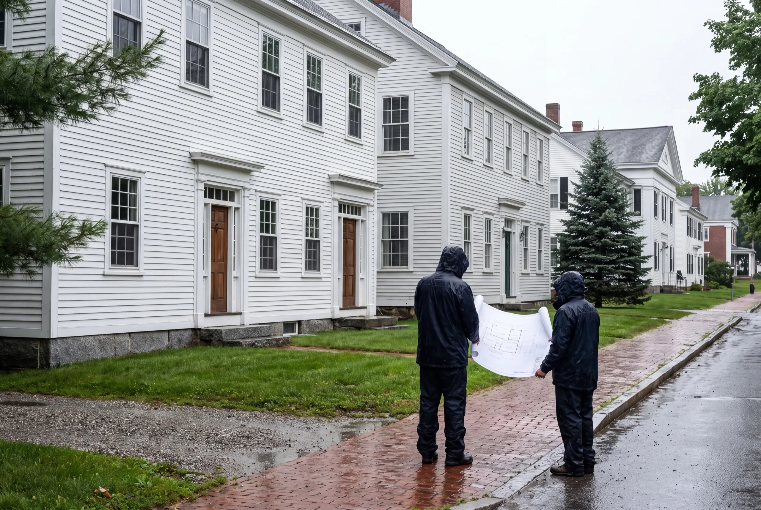 Two people in rain jackets holding plans on a brick sidewalk by older houses in Gardiner, Maine