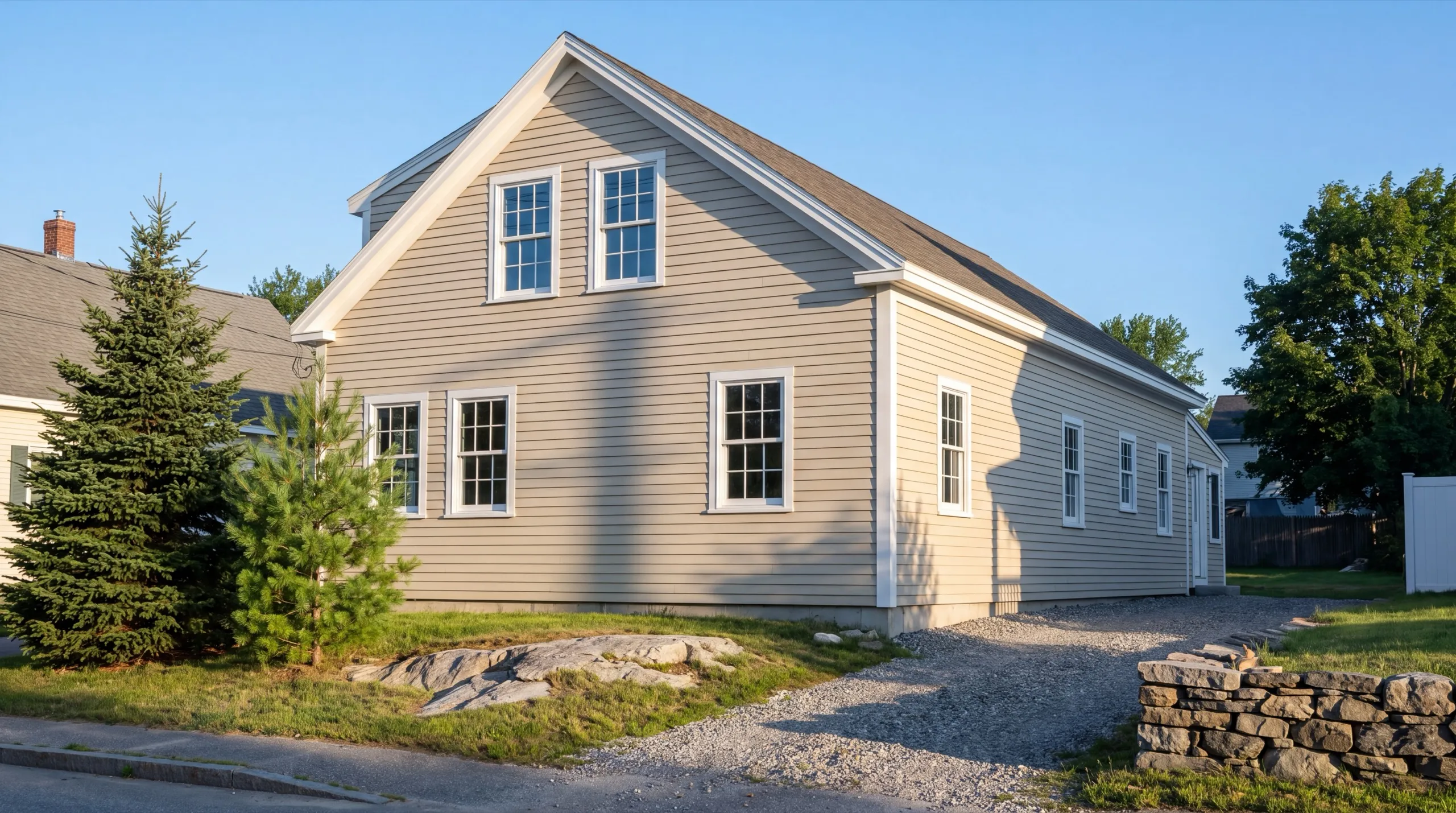New home builder Gardiner Maine: finished tan house with lap siding and white trim on a gravel drive