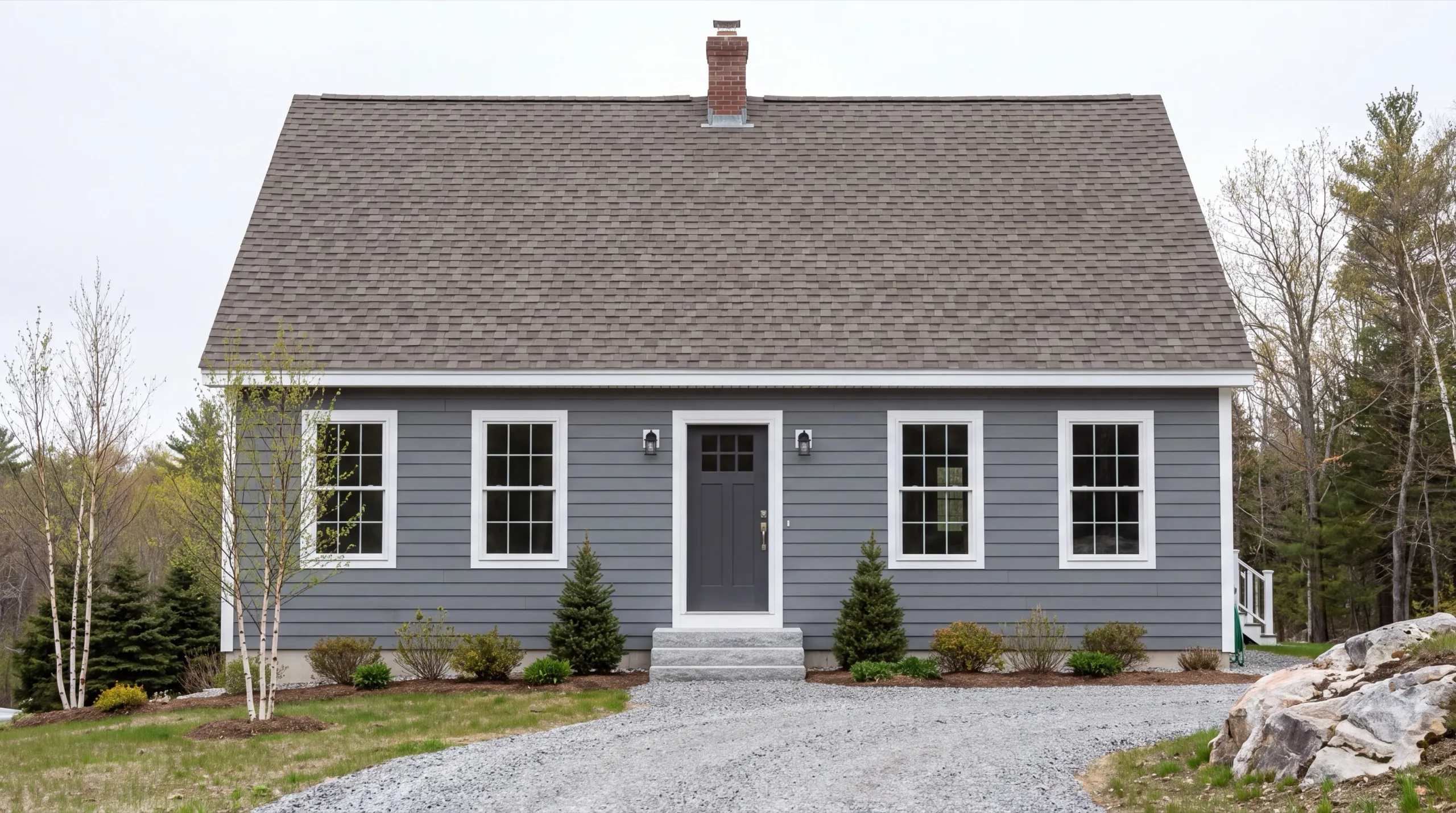 Custom home builder Hallowell Maine: finished gray cape with a center door and gravel drive by the woods
