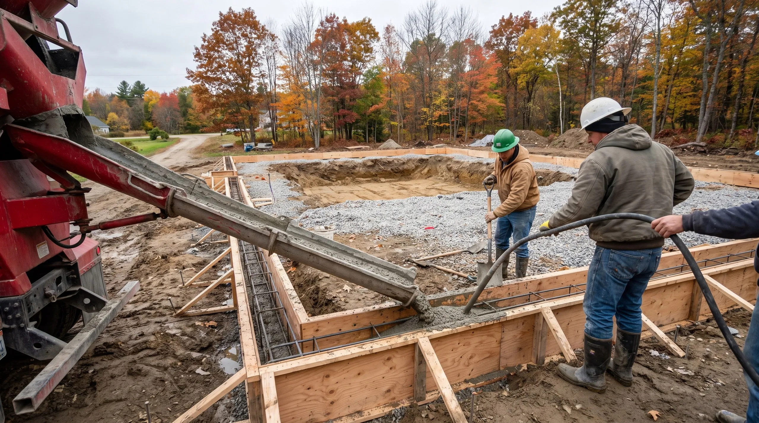 Ready-mix chute pouring concrete into a rebar footing form while a crew works the vibrator, autumn woods behind in Hallowell, Maine