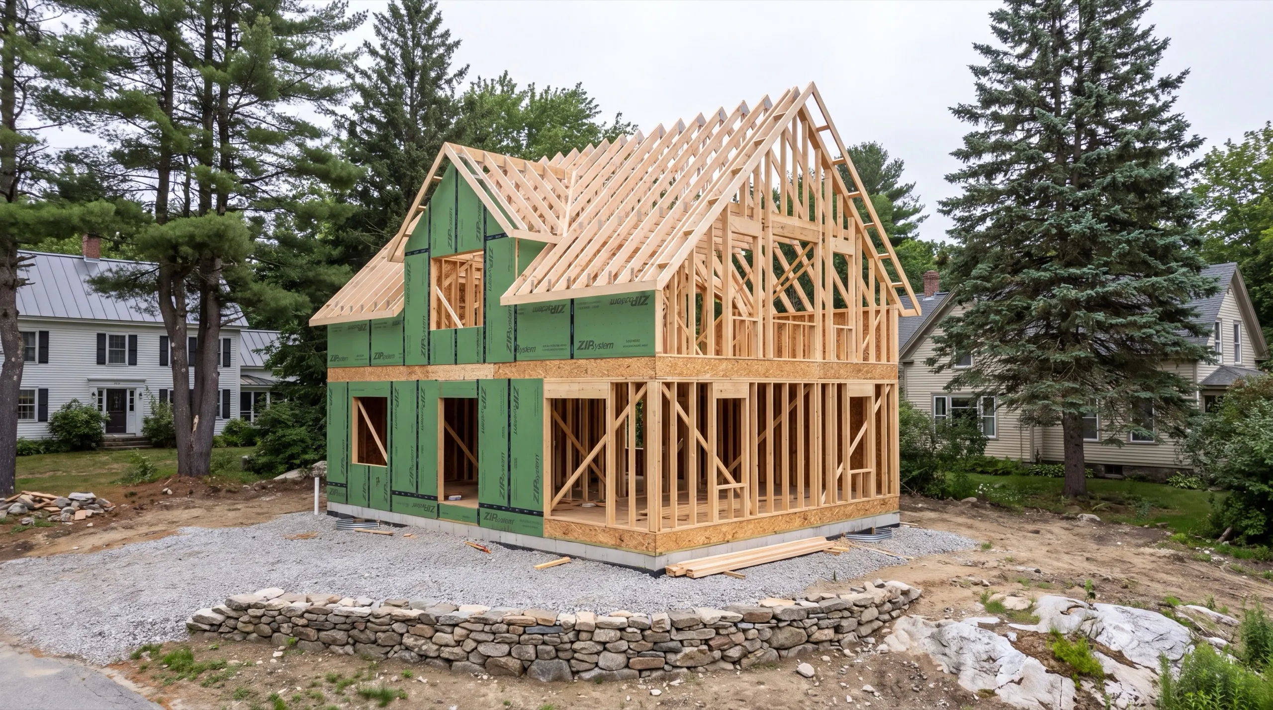 framing crew on a custom home build in Hallowell