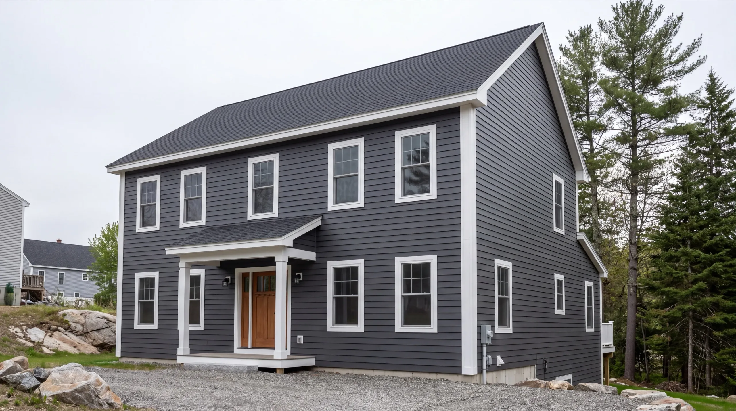 Custom home builder in Hallowell, ME: finished gray two-story colonial with white trim and a covered front entry
