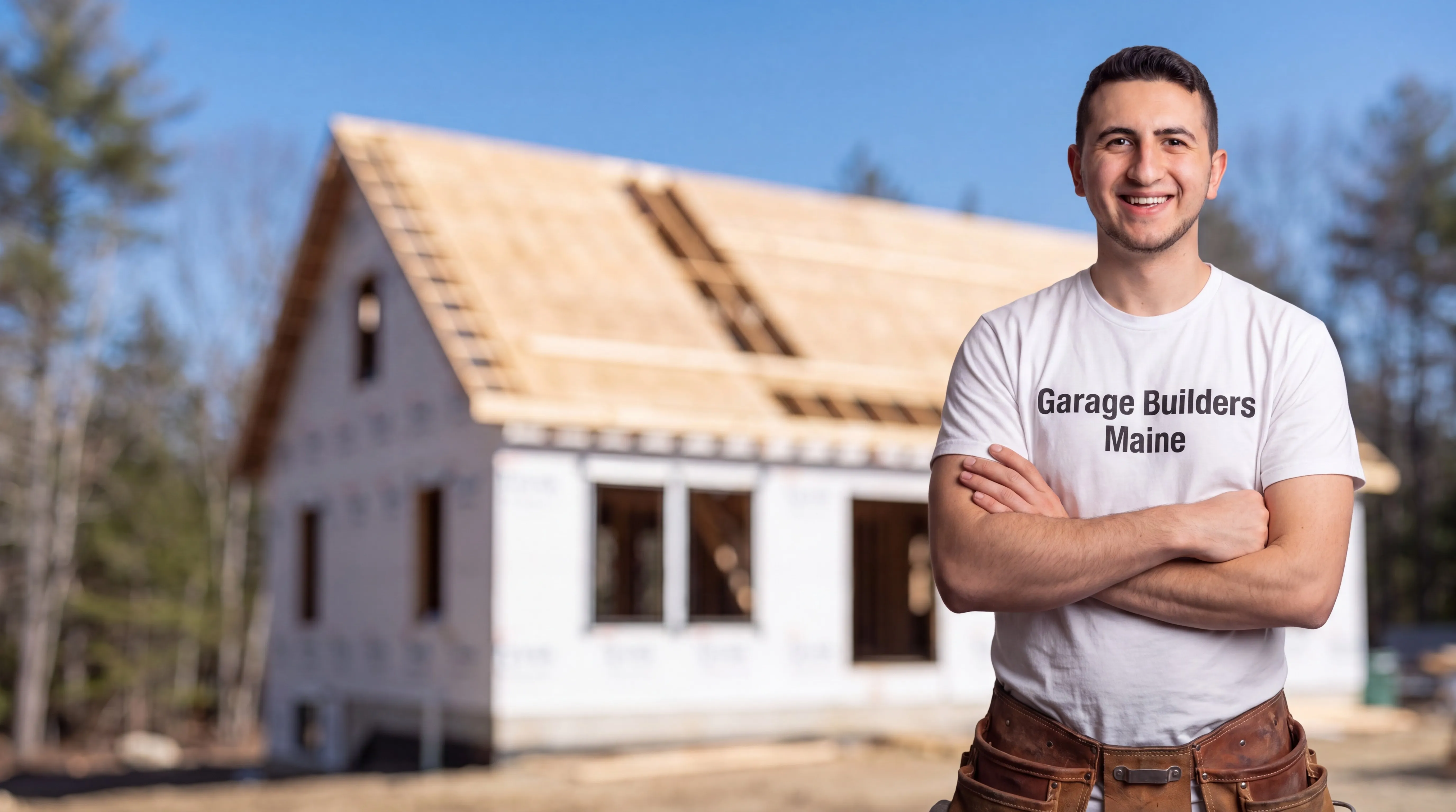 Owner of Garage Builders Maine standing with his arms crossed and smiling at a Maine job site