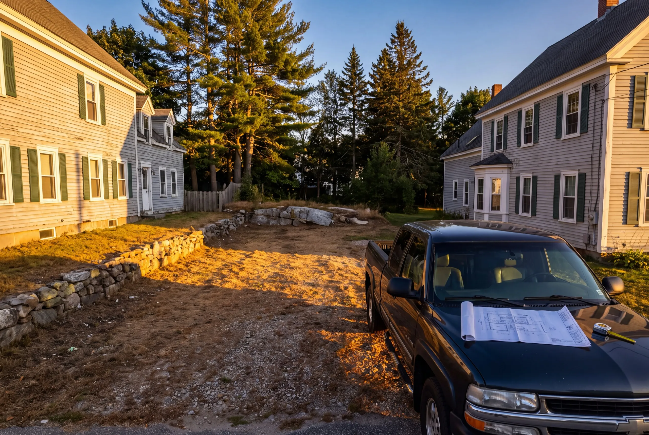 Site plan and tape measure on a pickup hood on a narrow lot in Hallowell, Maine