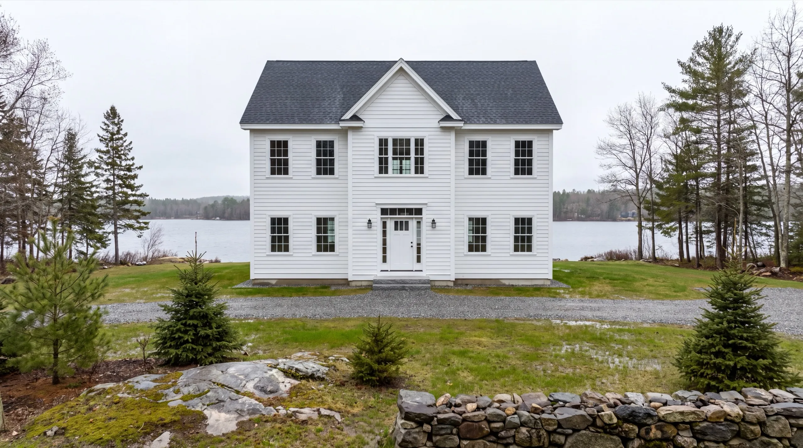 Custom home builder Jefferson Maine: finished white two-story colonial on a lawn above a lake