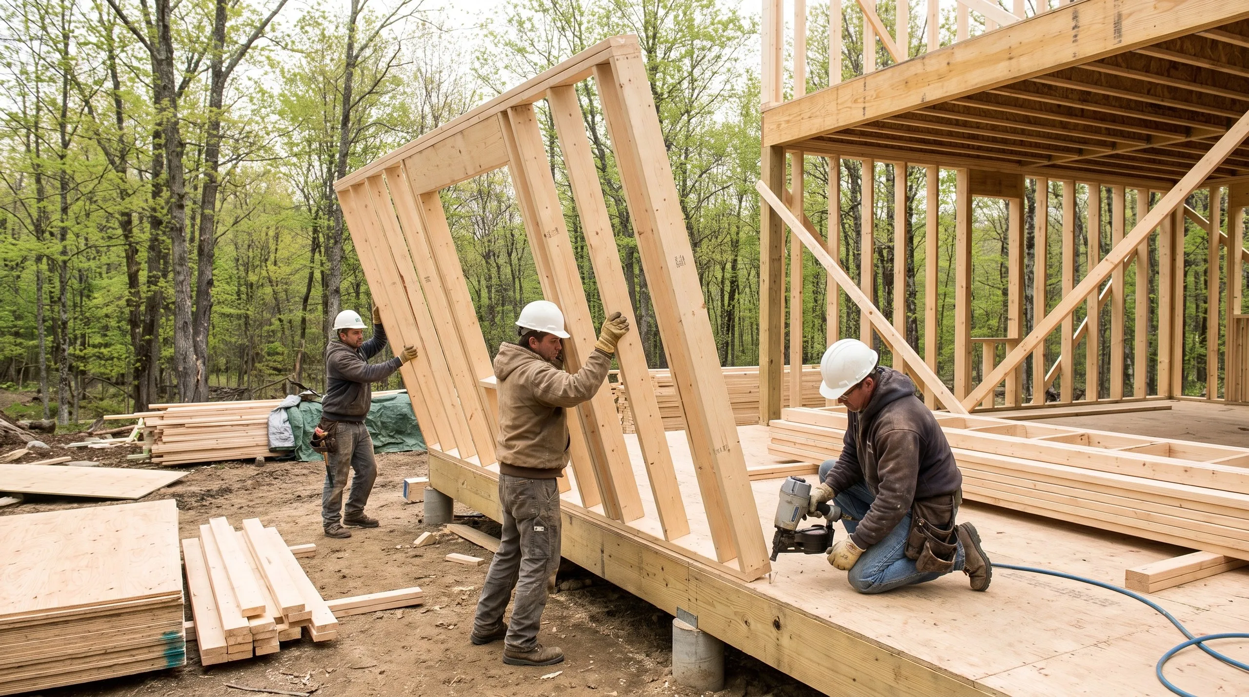 Residential home builder Jefferson Maine: crew tilting up a stud wall on a deck over concrete piers while a framer nails the plate