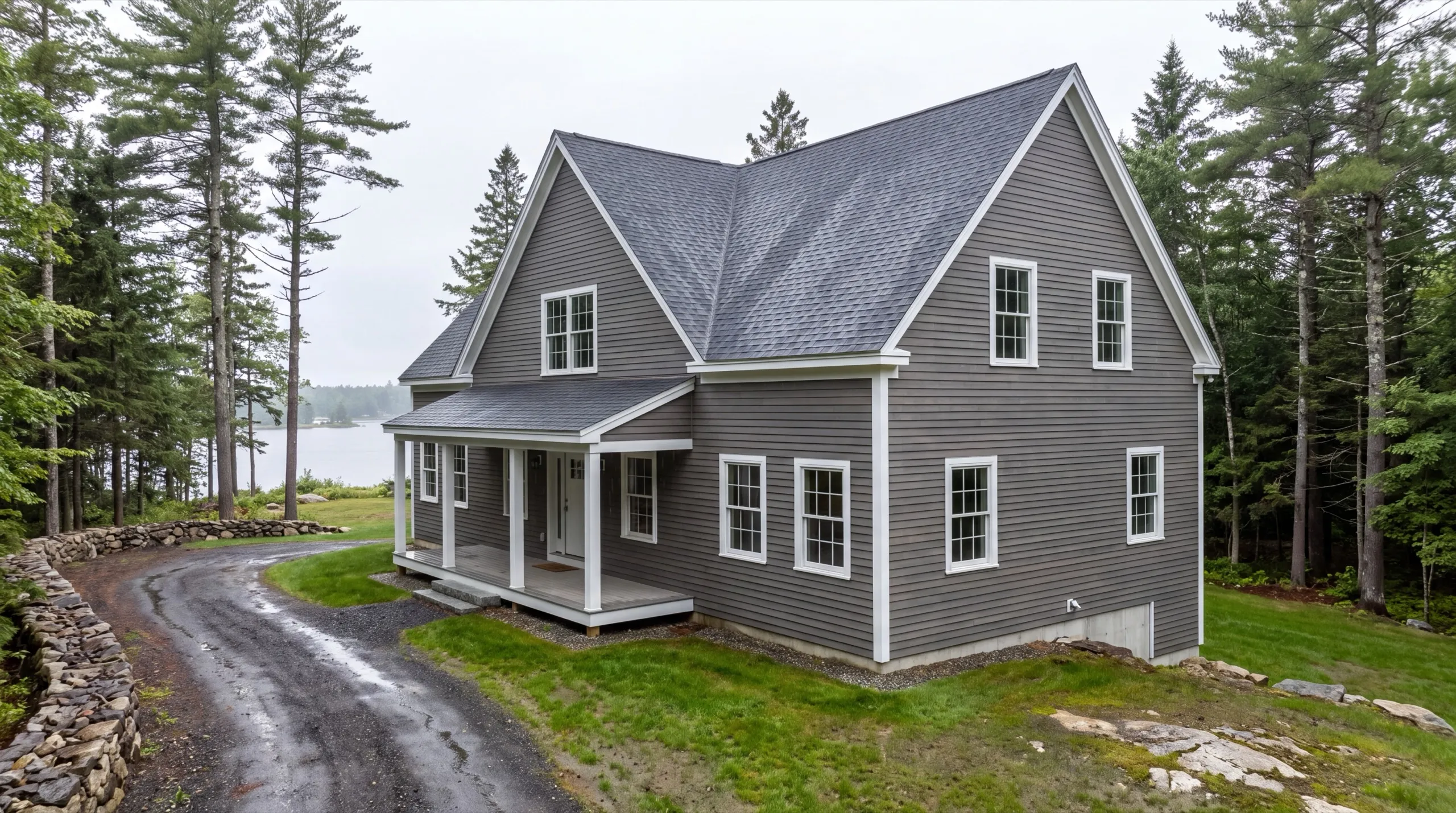 Custom home builder in Jefferson, ME: finished gray two-story house with a front porch near a lake
