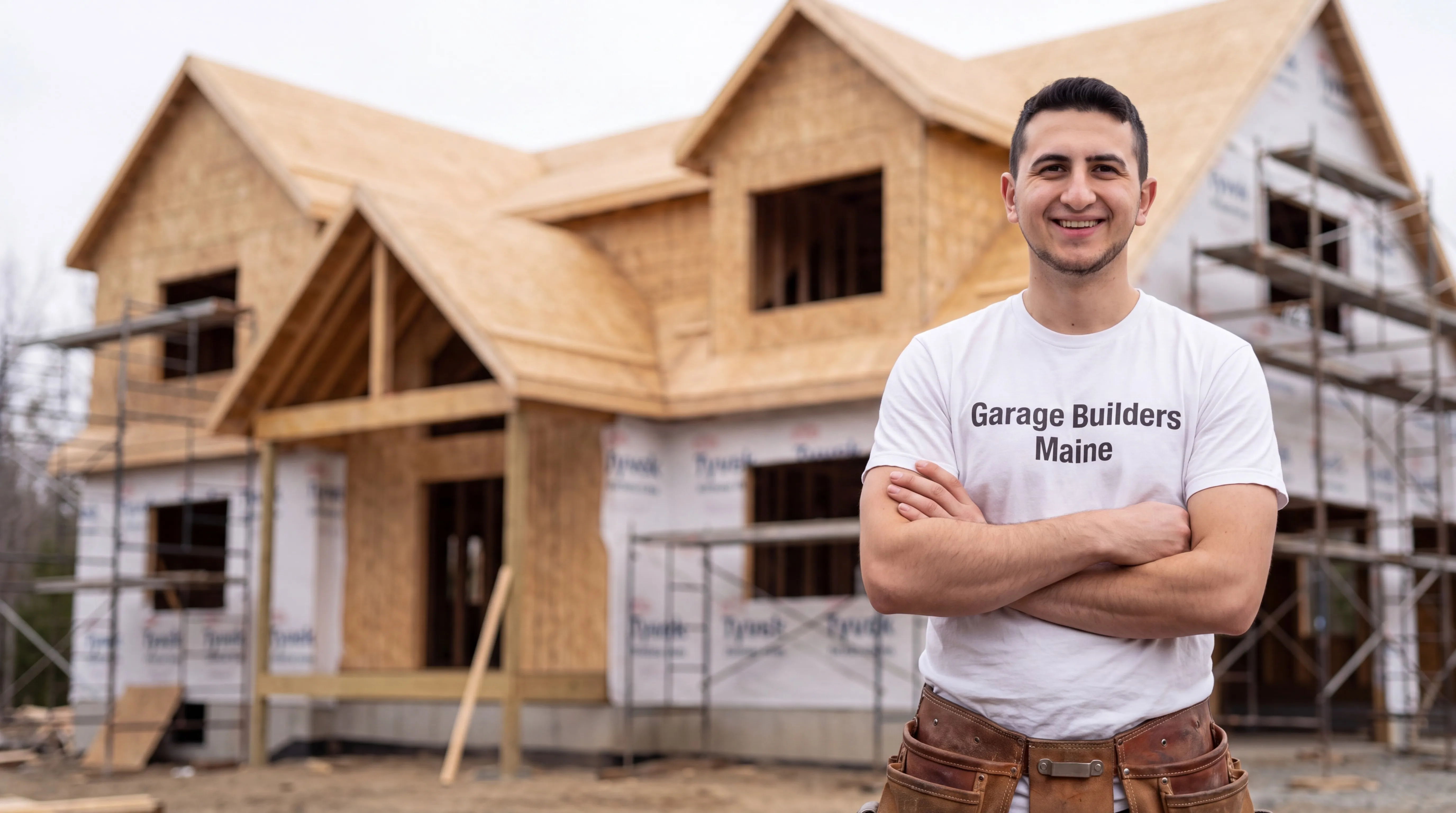 Owner of Garage Builders Maine standing with his arms crossed and smiling at a Maine job site