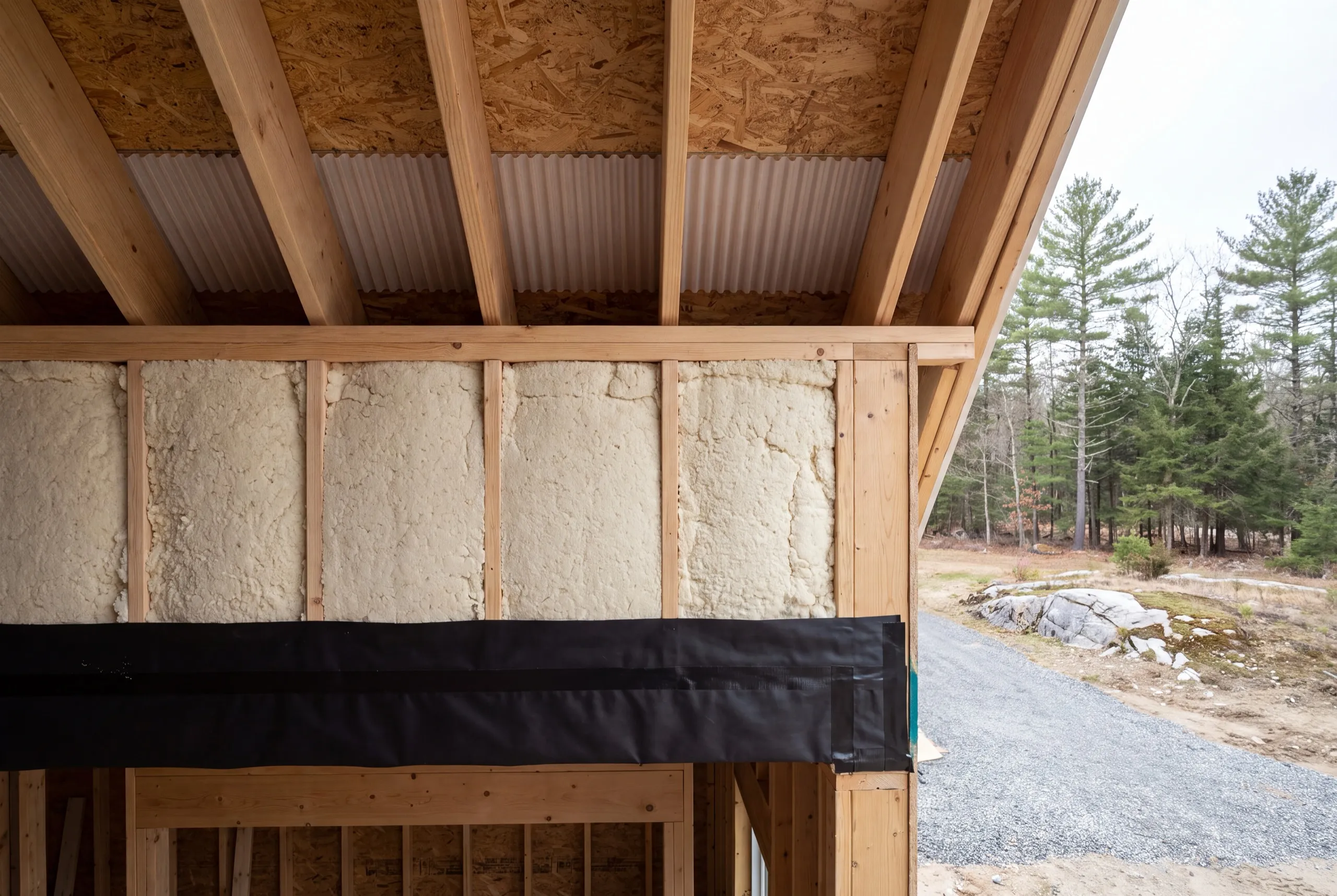 Custom home builder Litchfield Maine: blown insulation in wall cavities with vent baffles under the roof deck