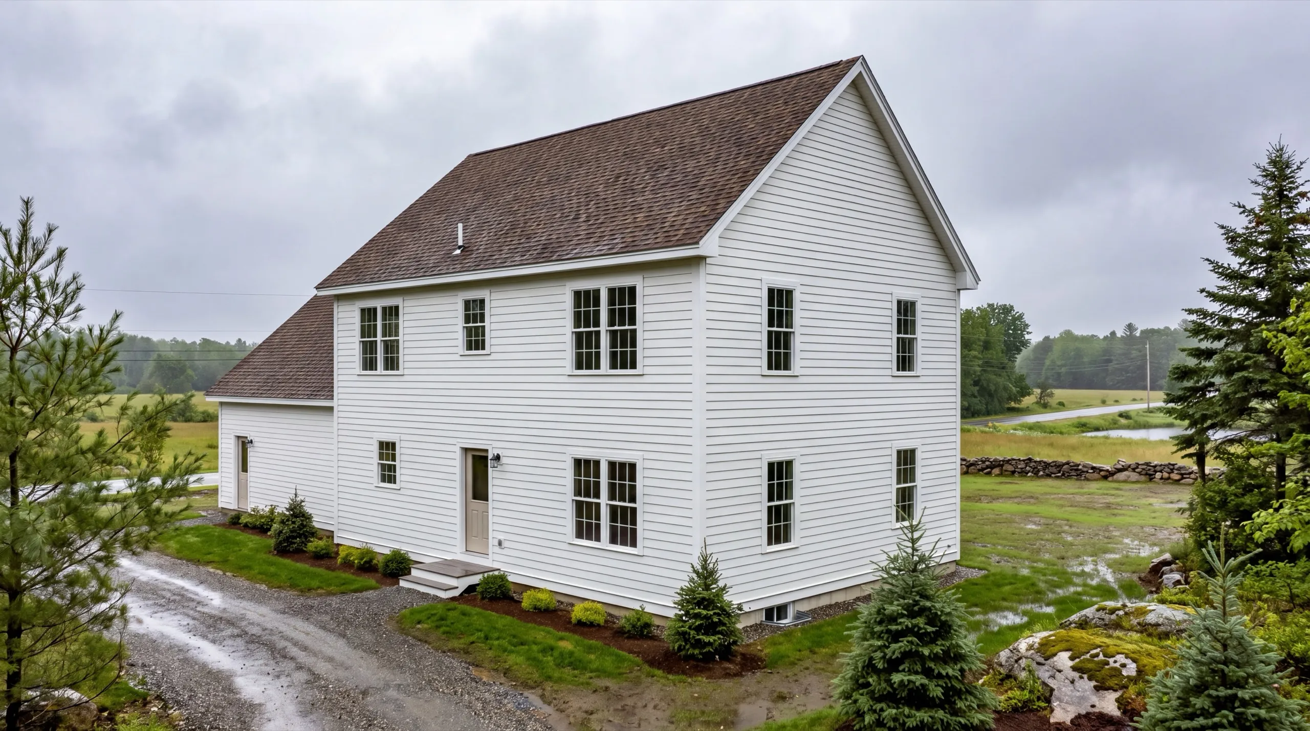 Custom home builder Litchfield Maine: finished white two-story house with a side wing on an open lot