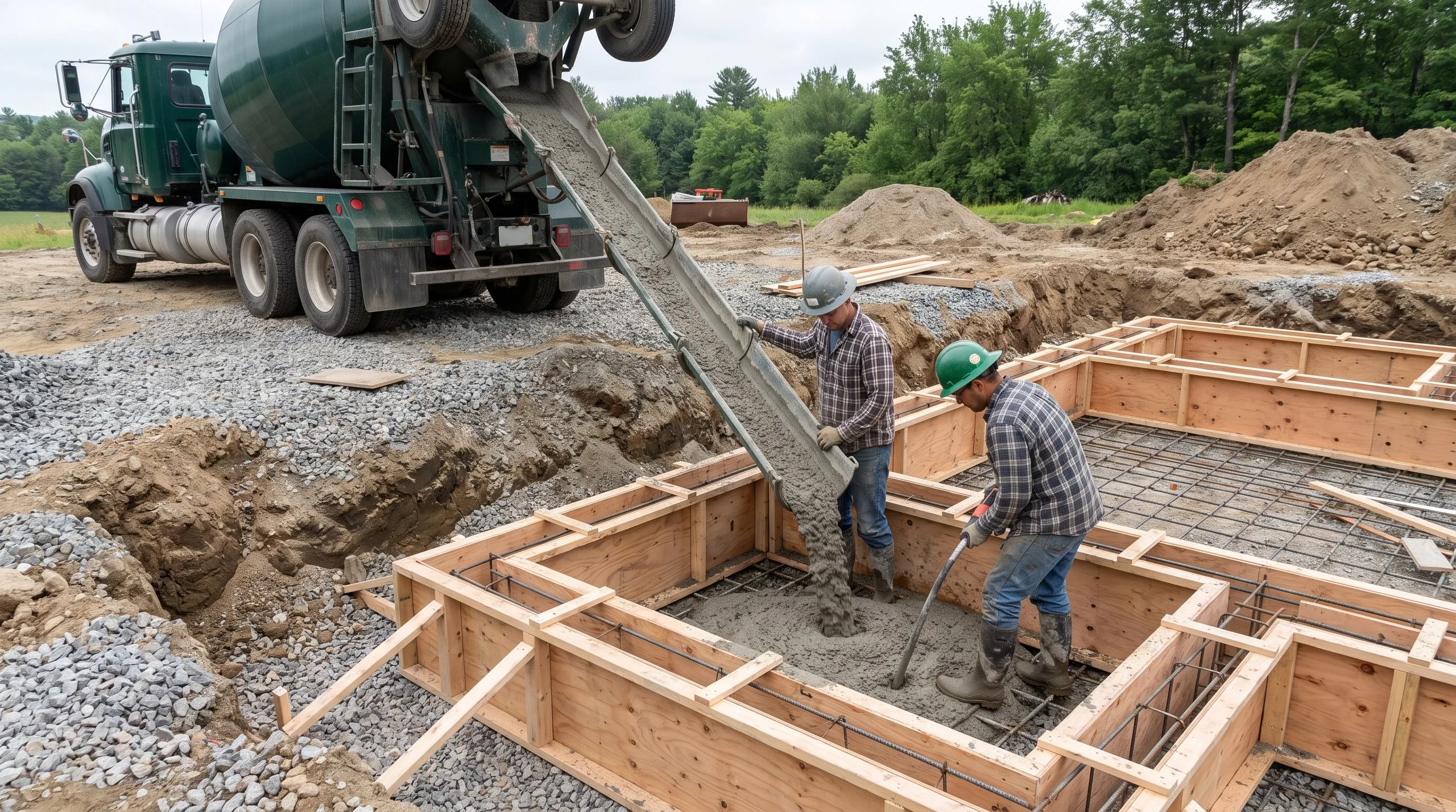 Ready-mix chute pouring concrete into a wide footing form as two workers run a vibrator in summer in Litchfield, Maine