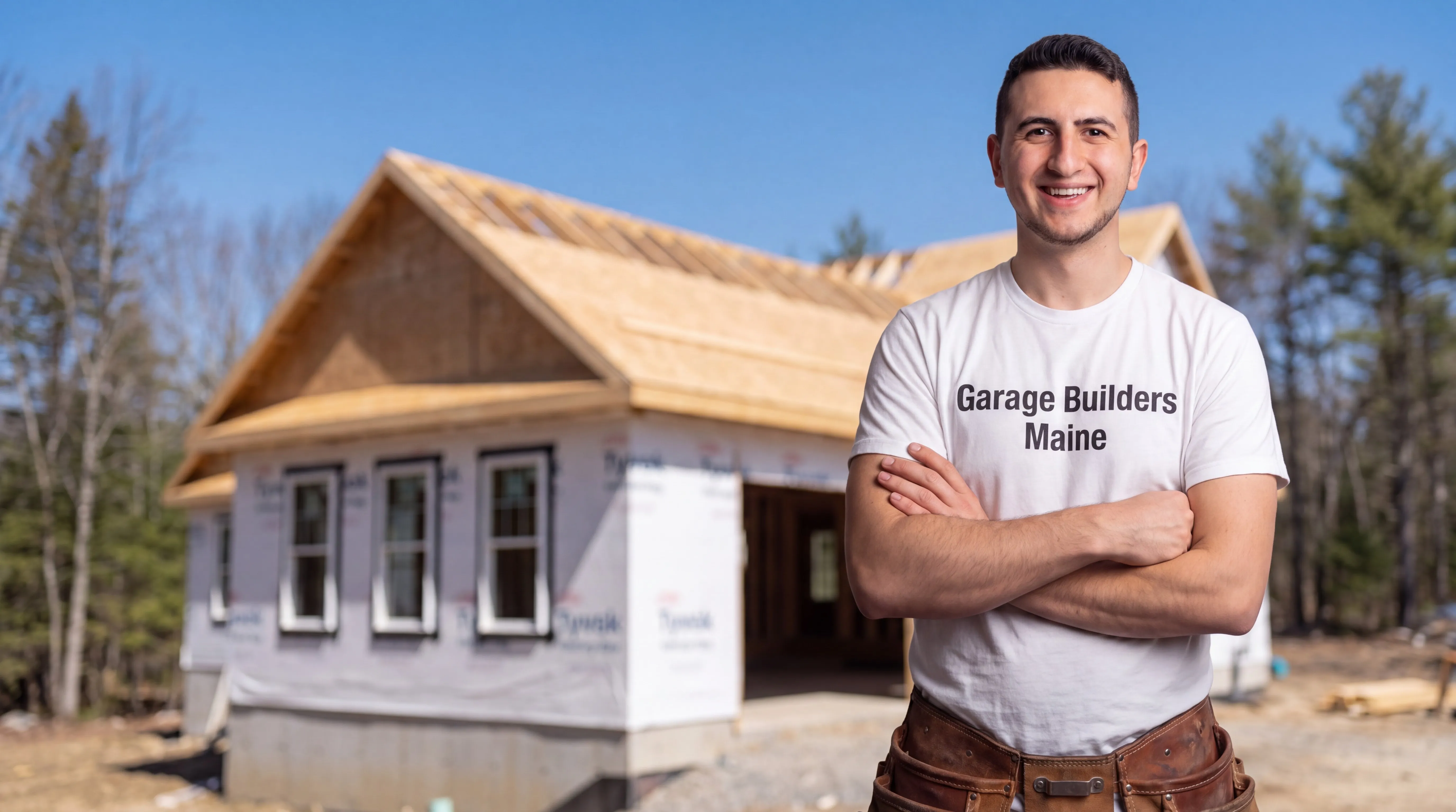 Custom home builder Litchfield Maine: owner with arms crossed in front of a wrapped one-story house with roof sheathing
