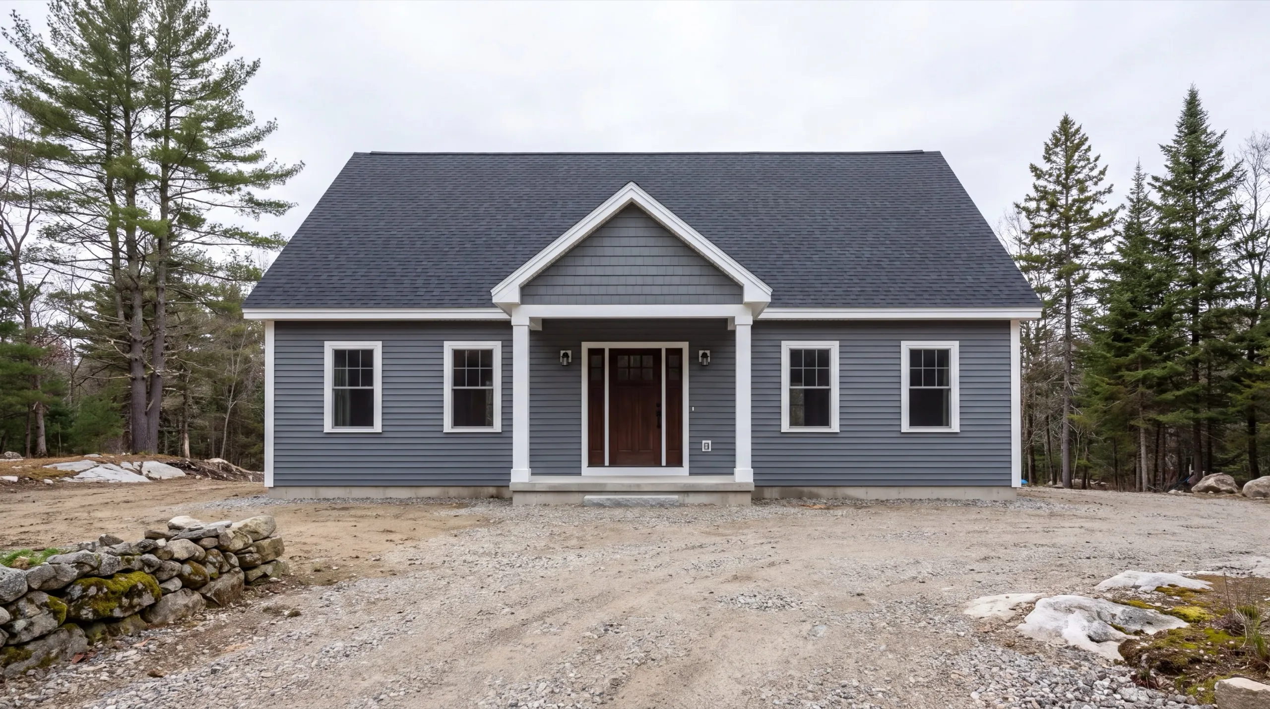 New home builder Litchfield Maine: finished gray-sided single-story home with a gabled front entry