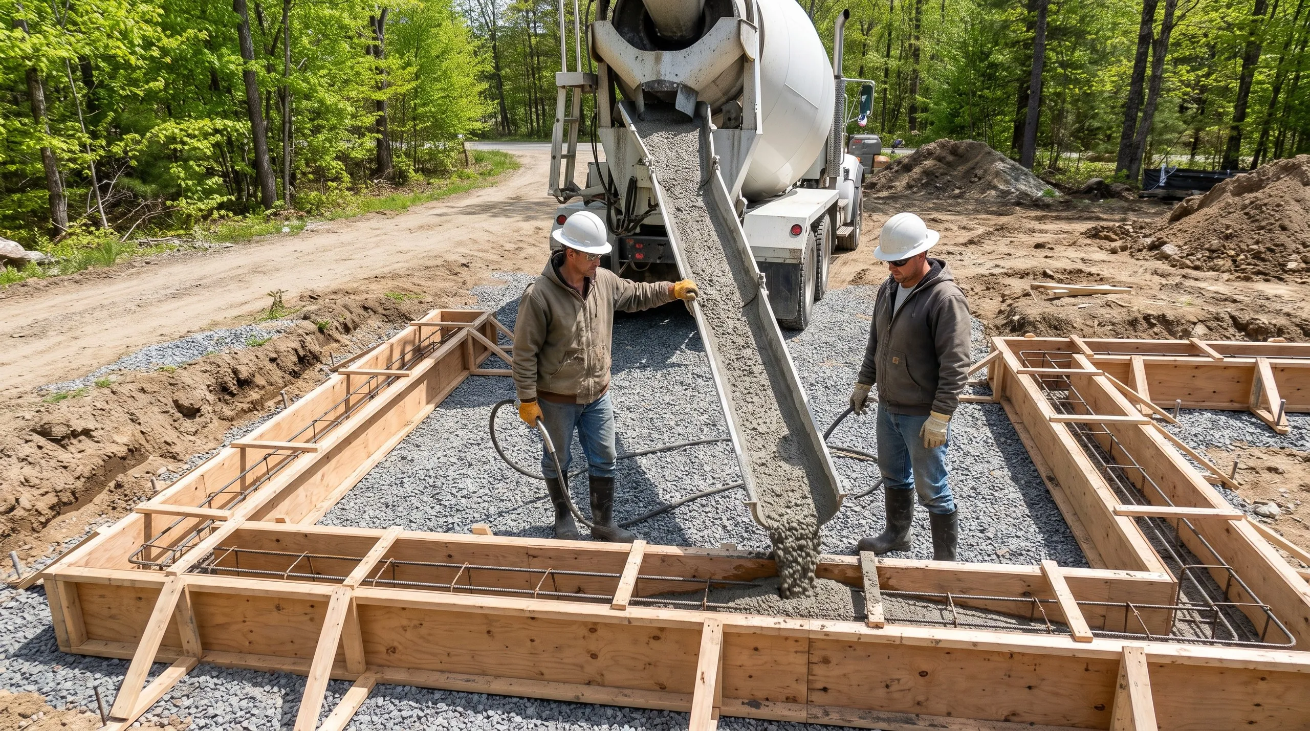 Ready-mix chute pouring concrete into a rebar footing form as two workers stand by with vibrators on a wooded lot in Manchester, Maine