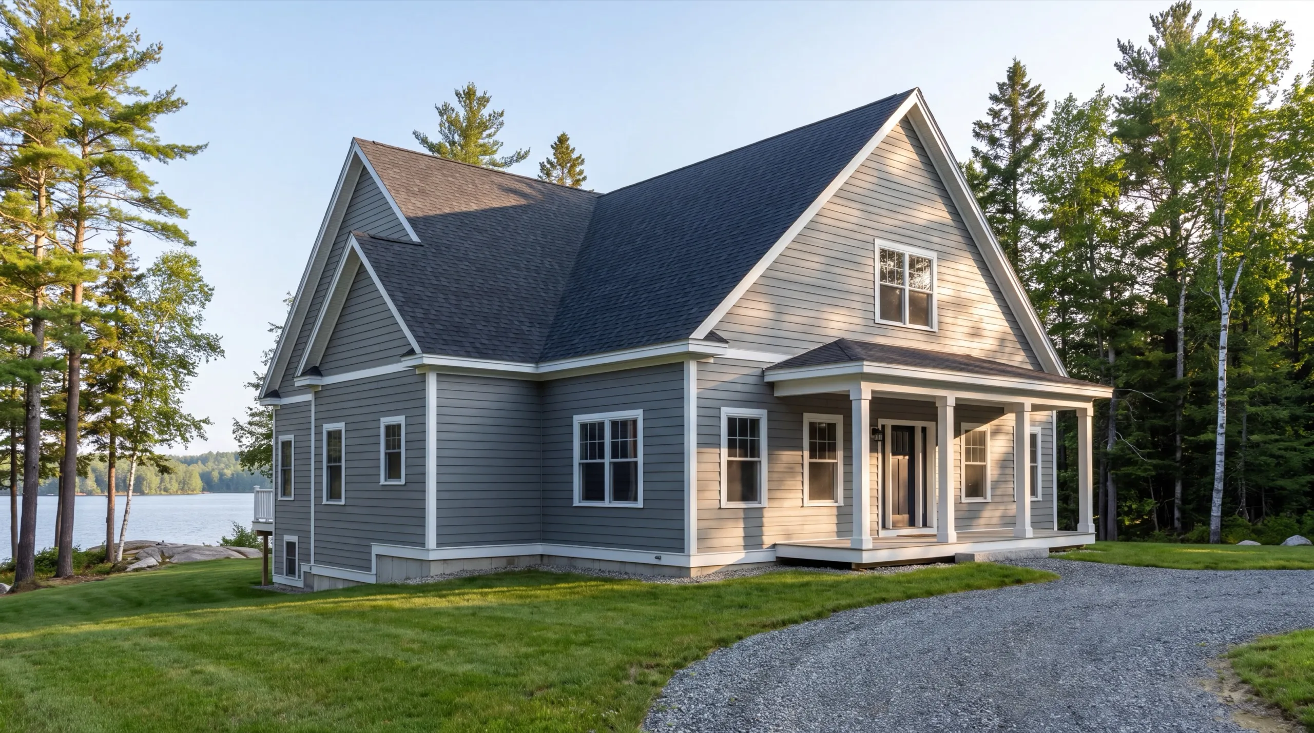 Custom home builder in Manchester, ME: finished two-story house with gray siding and a front porch by a lake