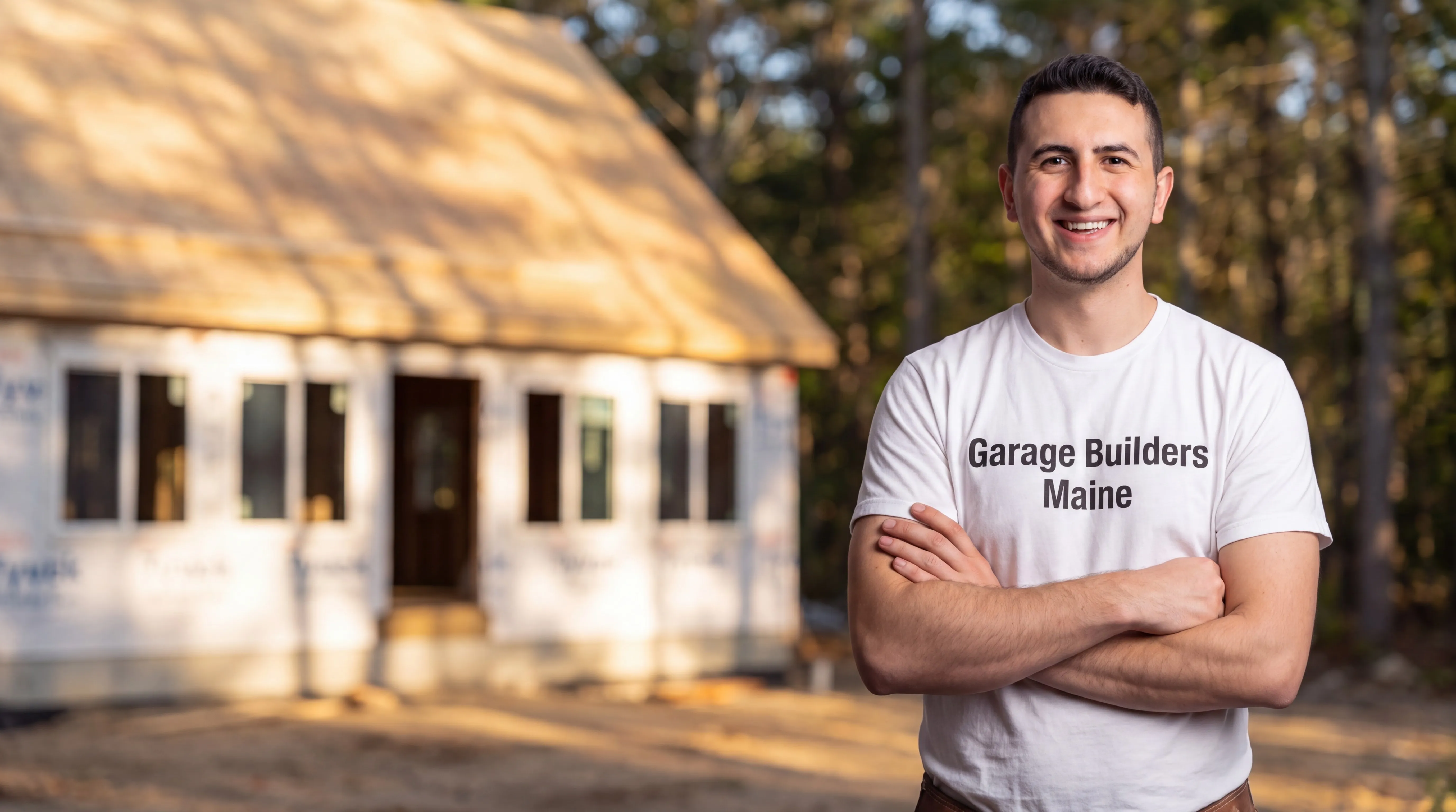 Owner of Garage Builders Maine standing with his arms crossed and smiling at a Maine job site