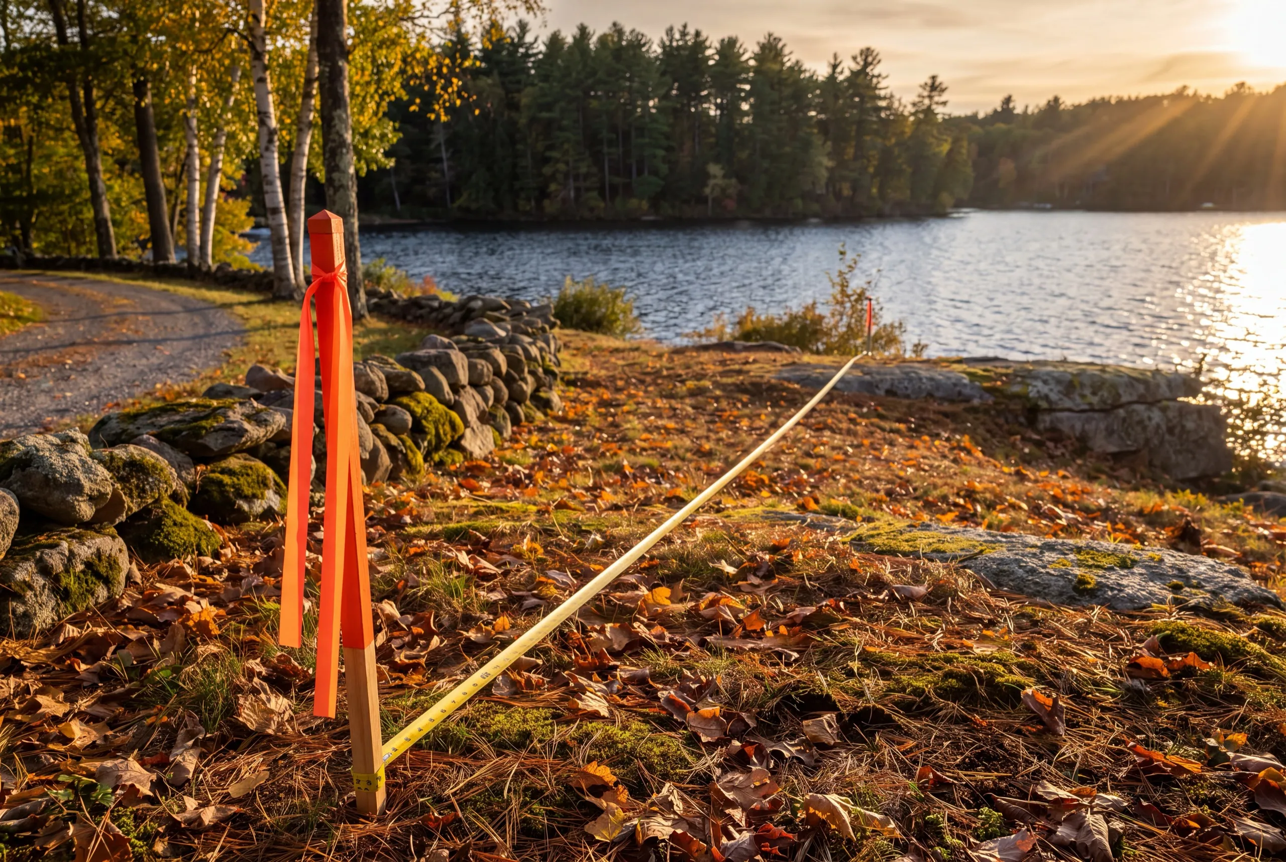 Orange-flagged survey stake with a tape line across a lakeside lot in Manchester, Maine