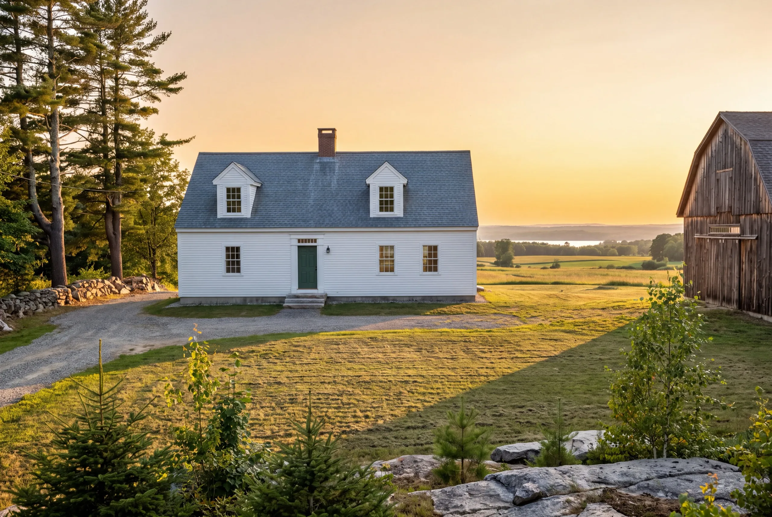 Custom home builder Monmouth Maine: white cape with a center chimney and two gable dormers beside an old barn