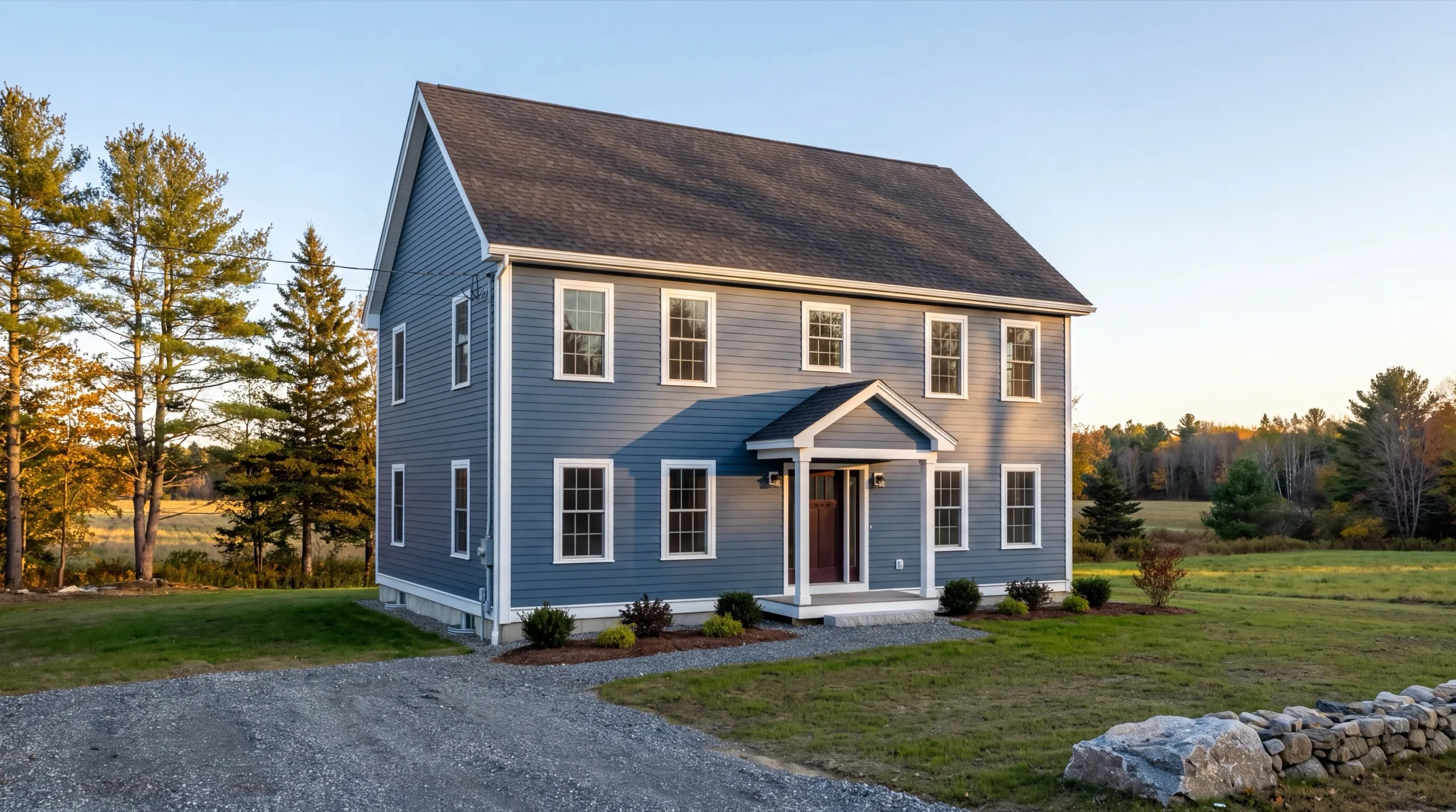 Custom home builder Monmouth Maine: finished blue two-story colonial with a gabled entry on a gravel drive