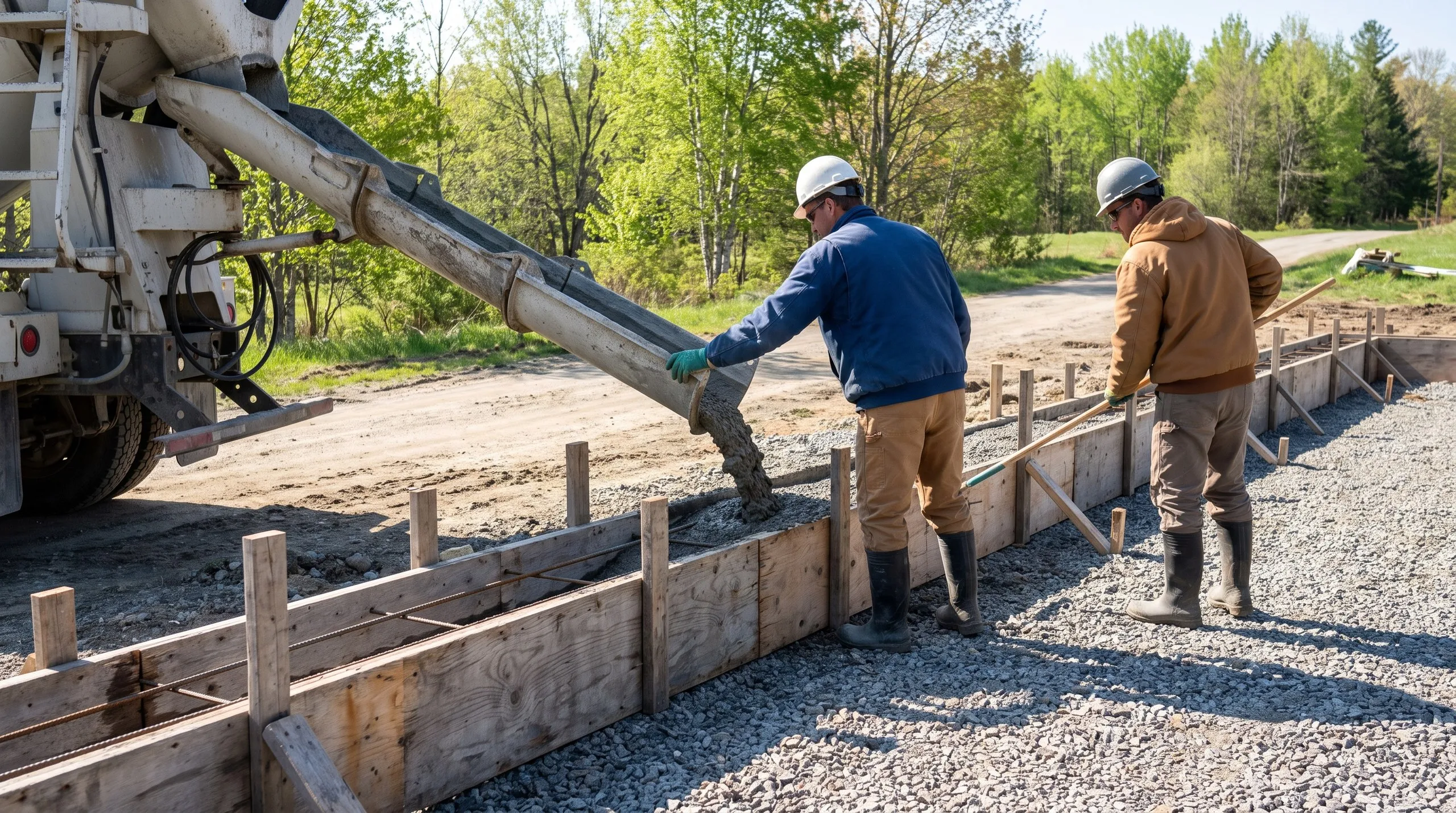 New home builder Monmouth Maine: two workers pouring concrete from a mixer chute into a wooden form with rebar by a dirt road