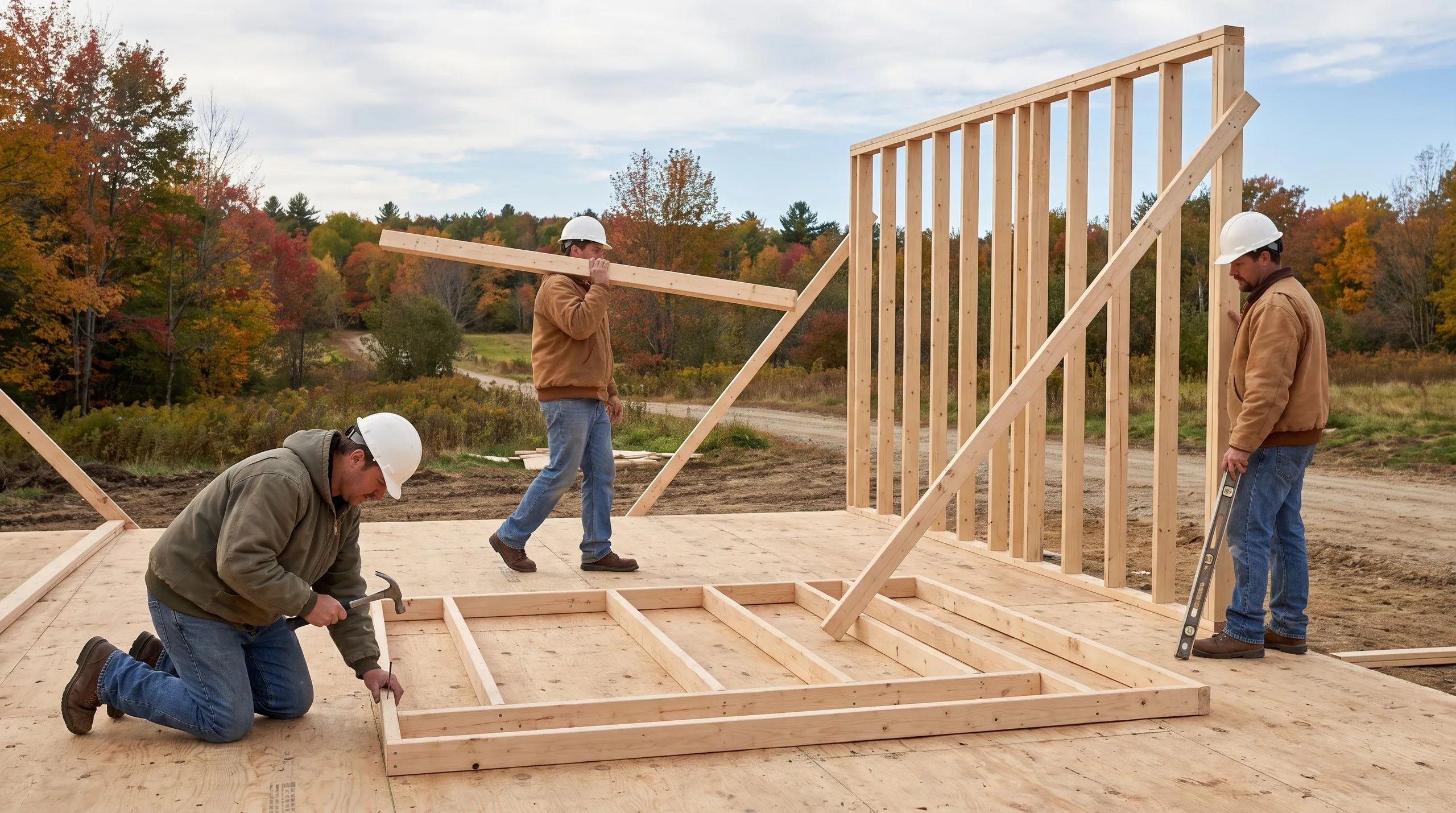 Residential home builder Monmouth Maine: crew in hard hats nailing a wall frame on the subfloor as a braced stud wall stands behind