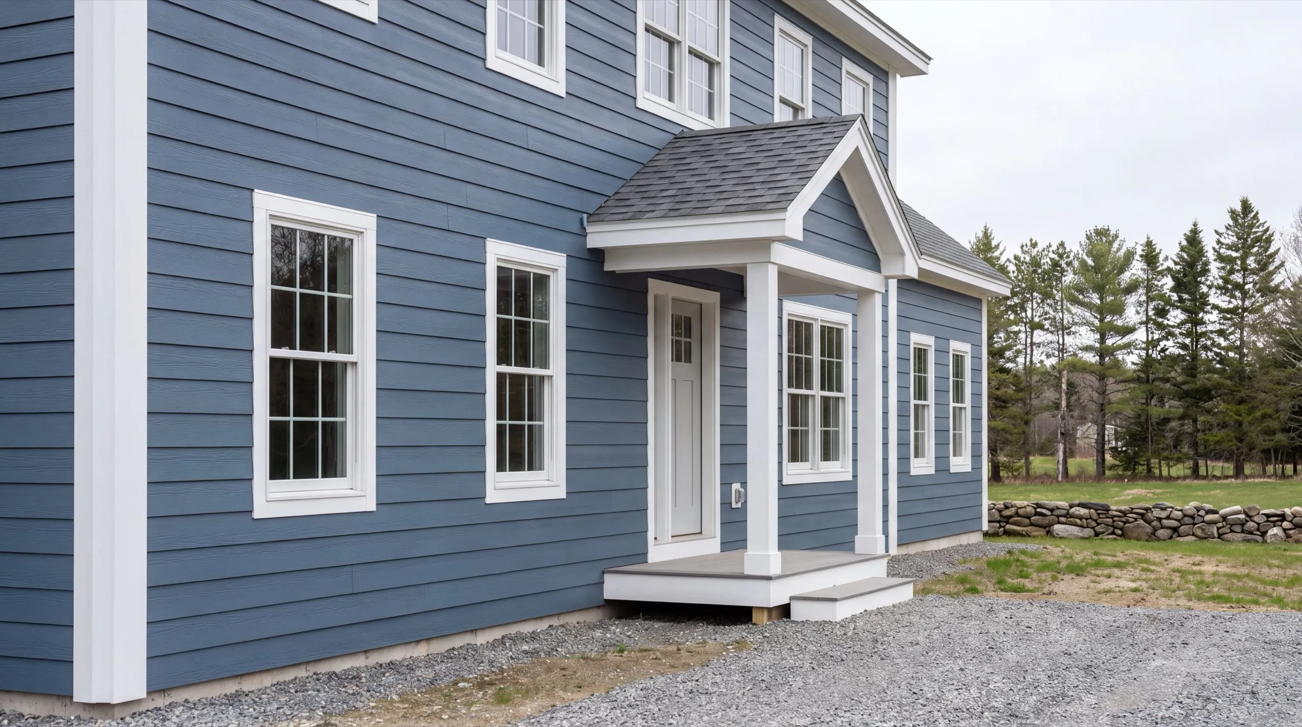 Custom home builder in Monmouth, ME: finished blue-sided house with white trim and a gabled entry
