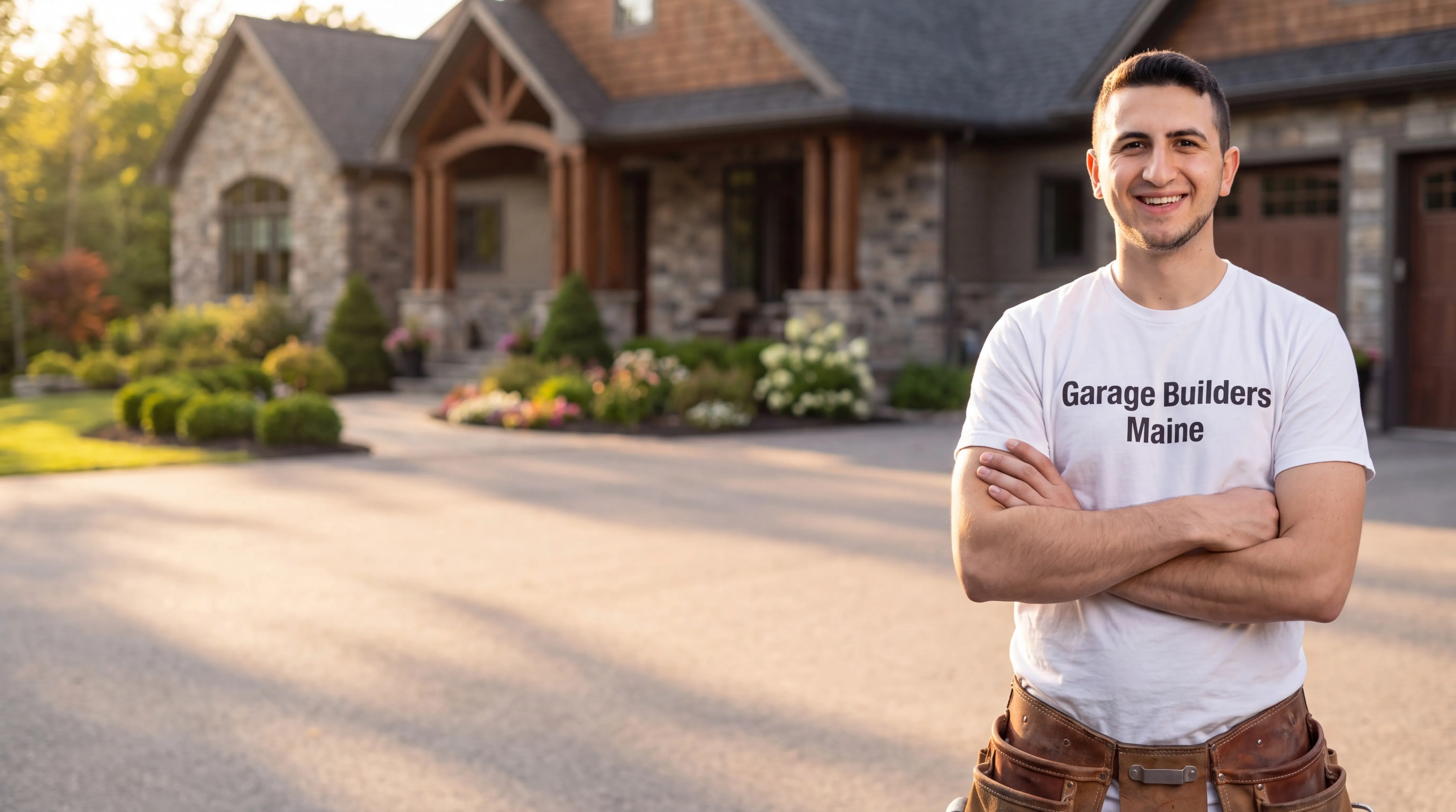 Custom home builder Monmouth Maine: owner with arms crossed in front of a finished stone and shingle house