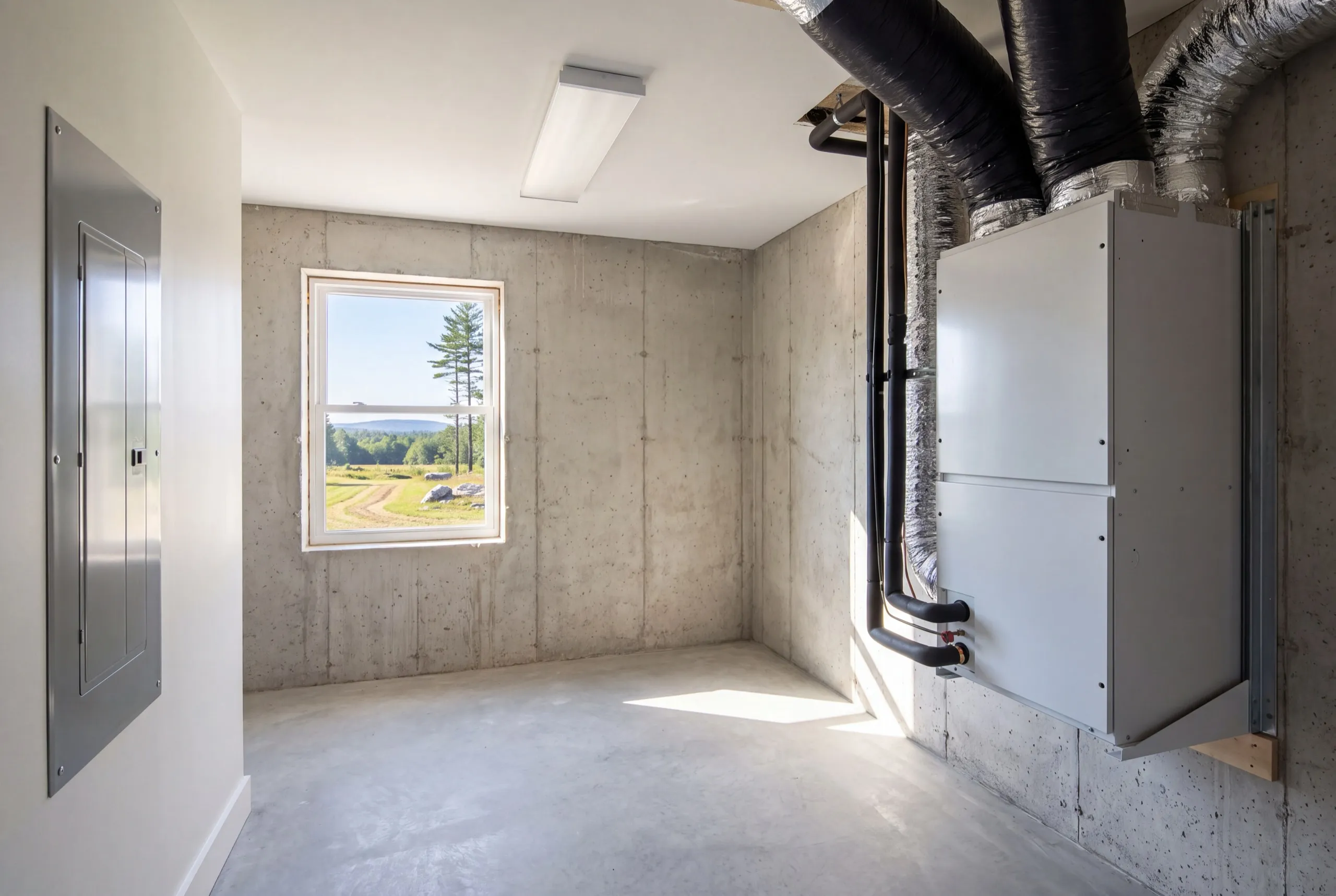 New home builder Monmouth Maine: basement mechanical room with a wall-hung air handler, ducts and a closed panel