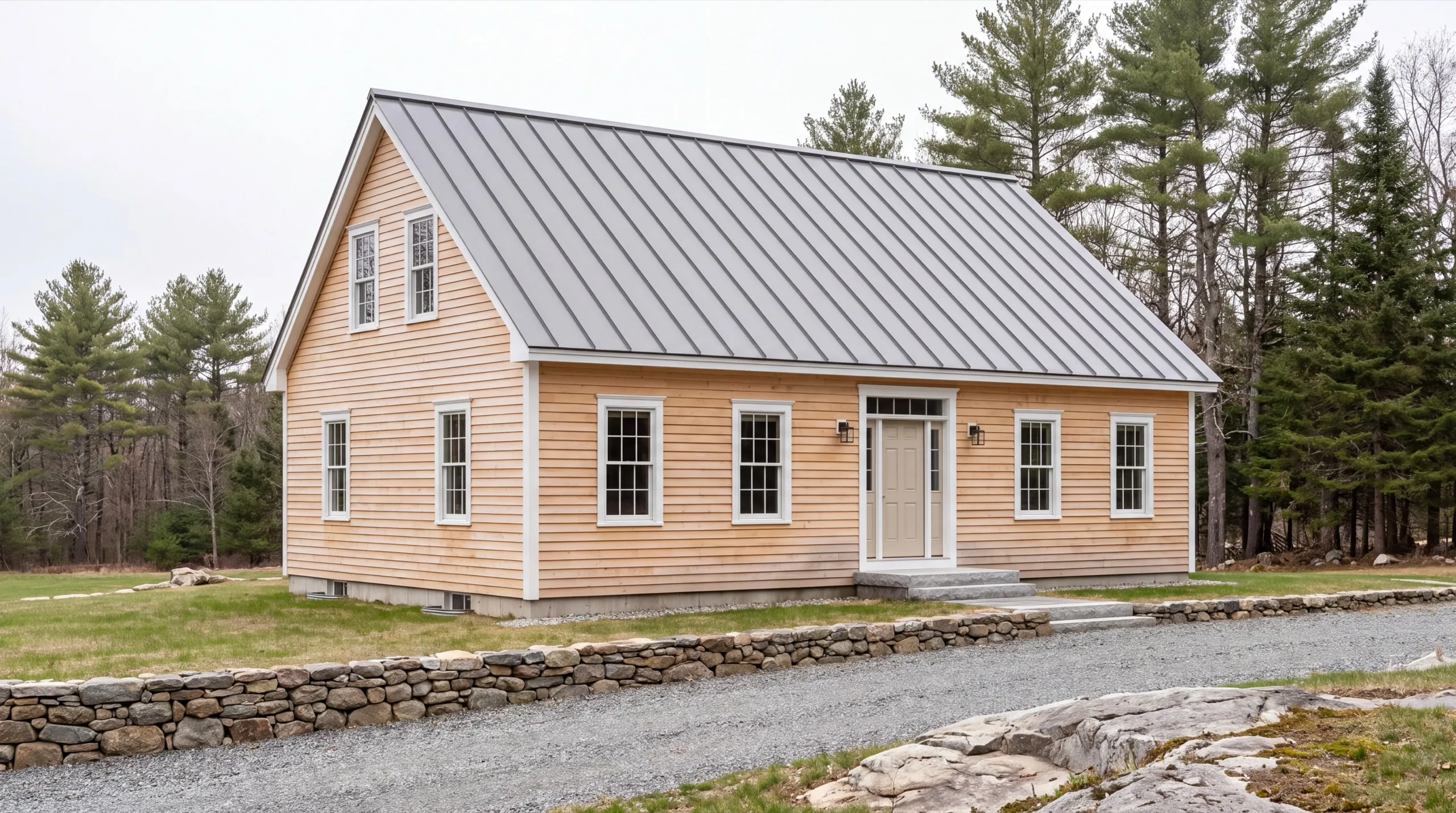 New home builder Monmouth Maine: finished cape with natural wood lap siding and a standing seam metal roof