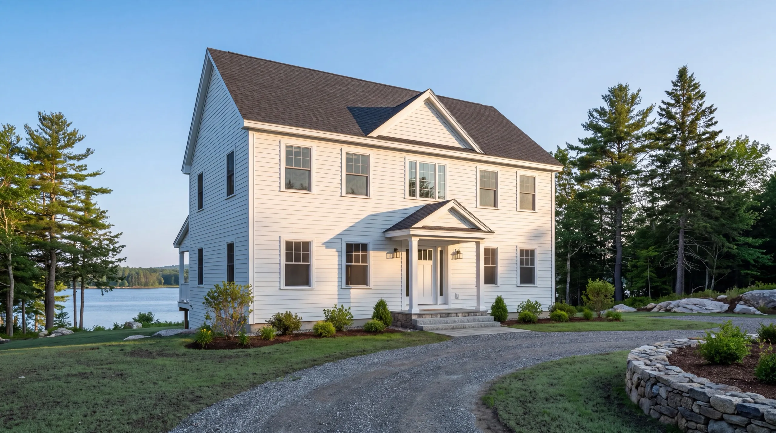 Custom home builder Pittston Maine: finished white two-story colonial with a gabled entry near the water