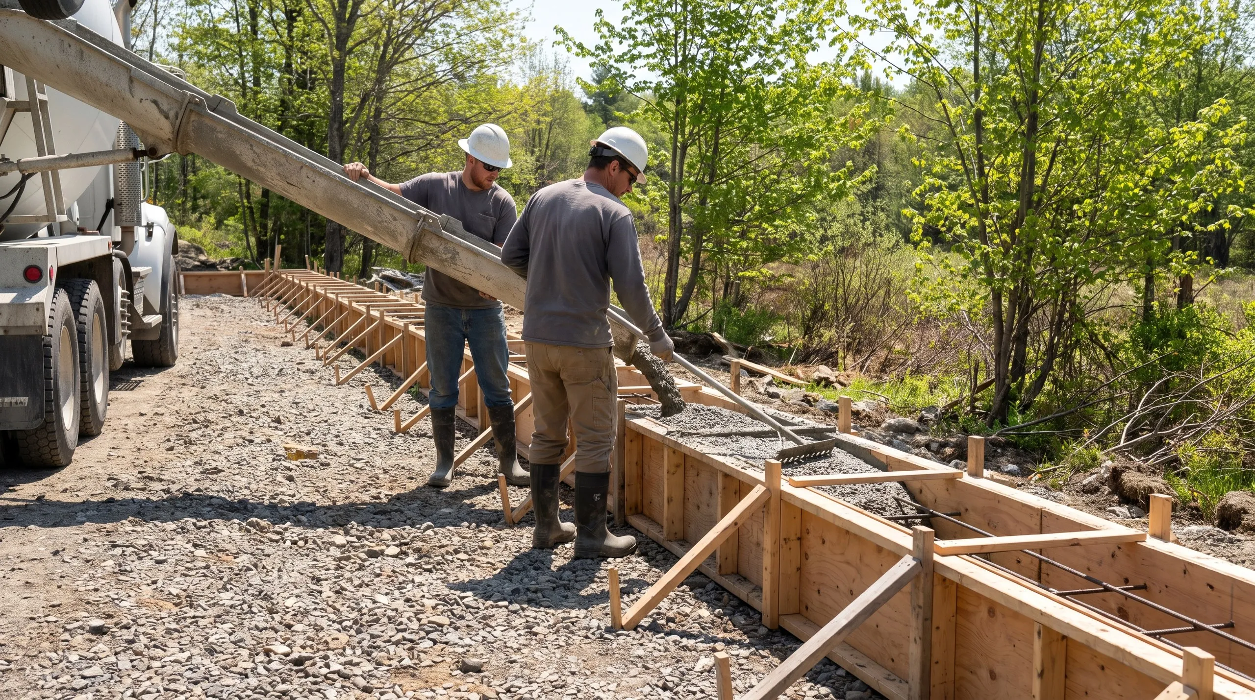 New home builder Pittston Maine: crew in hard hats pouring concrete from a mixer chute into braced, rebar-lined foundation forms