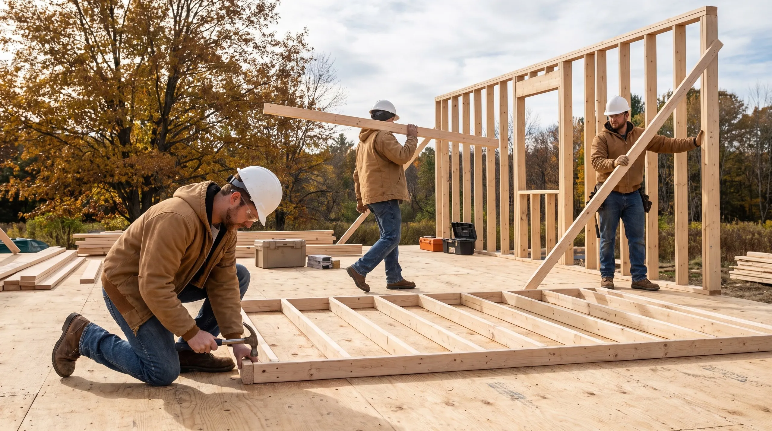 Residential home builder Pittston Maine: crew nailing a wall frame on the subfloor near a braced wall with window and door openings
