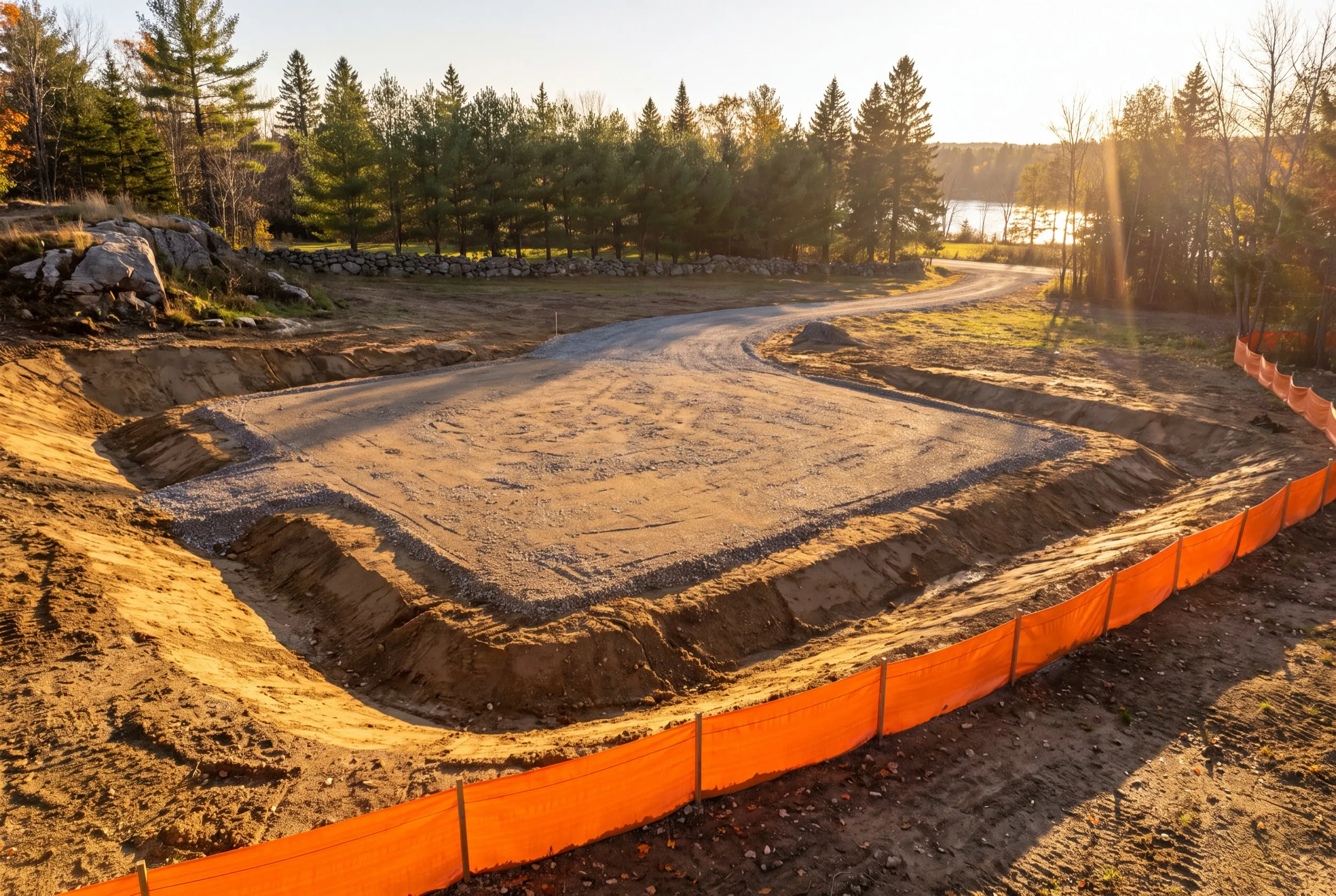 Graded gravel building pad ringed by a swale and orange silt fence in Pittston, Maine