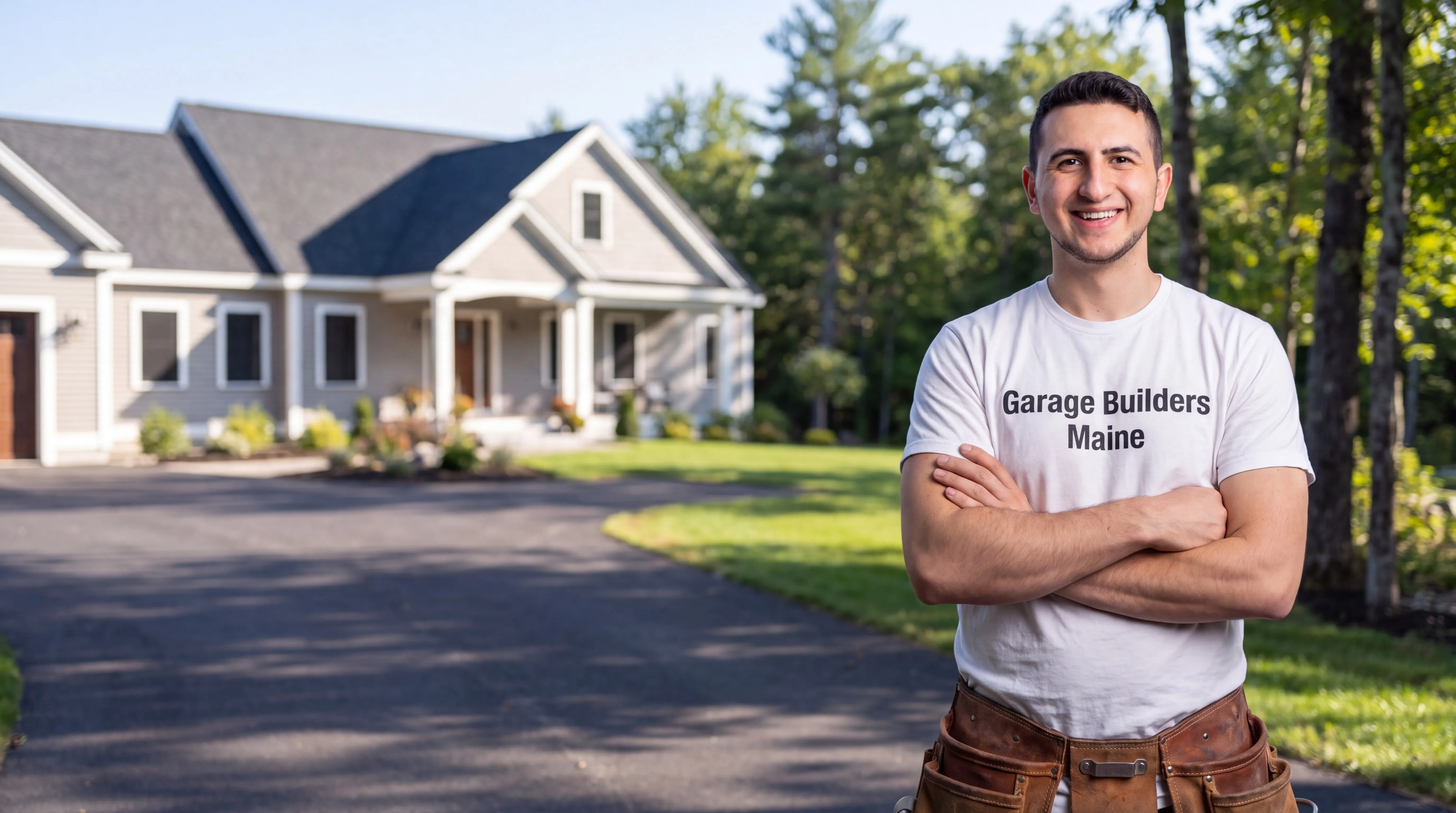 Custom home builder Pittston Maine: owner with arms crossed in front of a finished gray ranch home