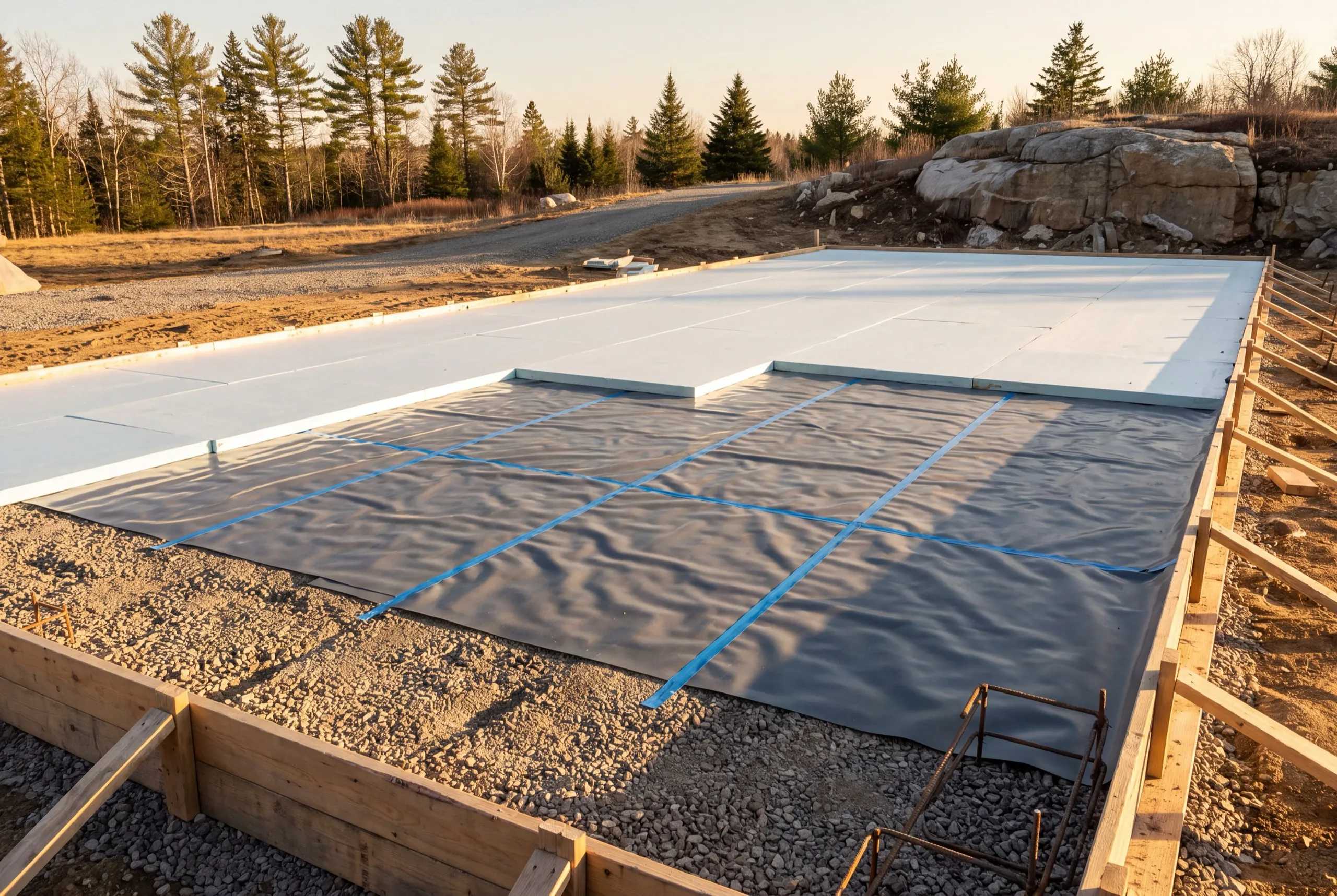 Taped poly sheeting and rigid foam boards laid inside slab forms on gravel in Pittston, Maine
