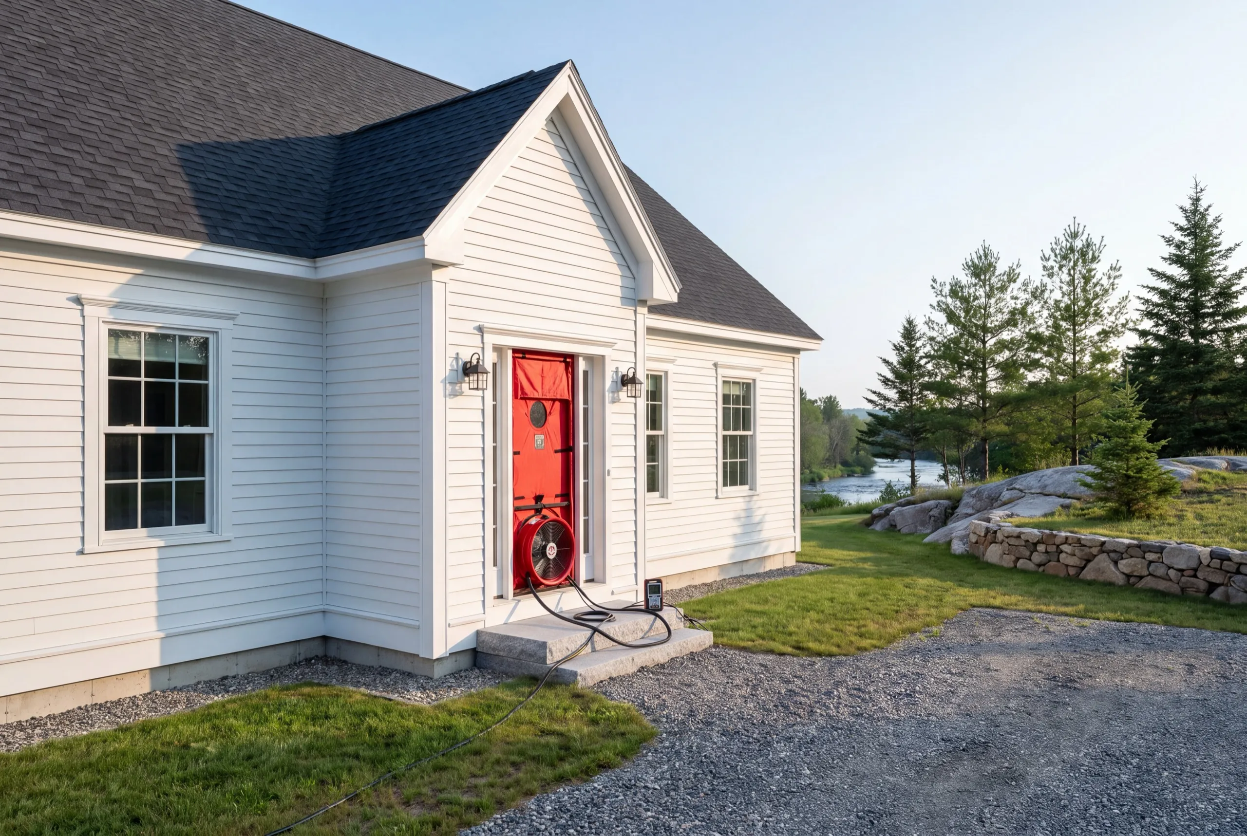 Custom home builder Randolph Maine: red blower door fan set in the front doorway of a finished white house