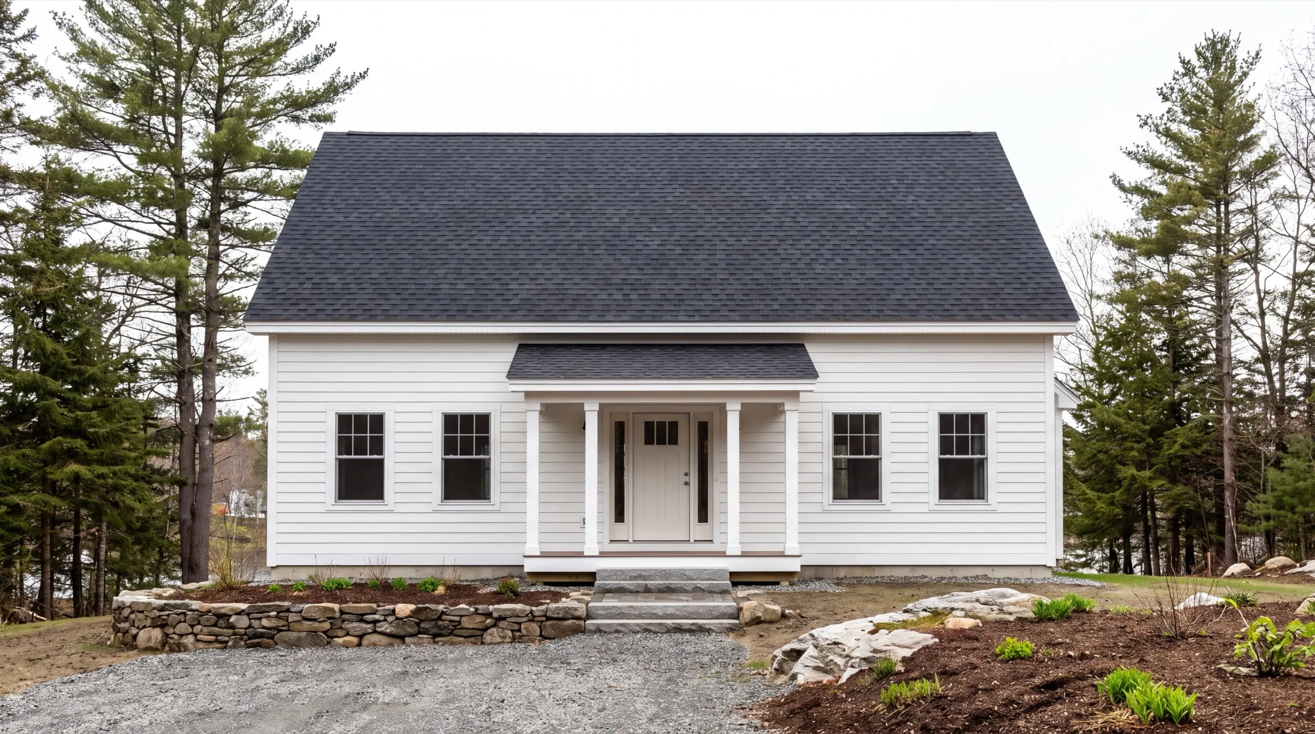 Custom home builder in Randolph, ME: finished white one-story house with a small columned front porch