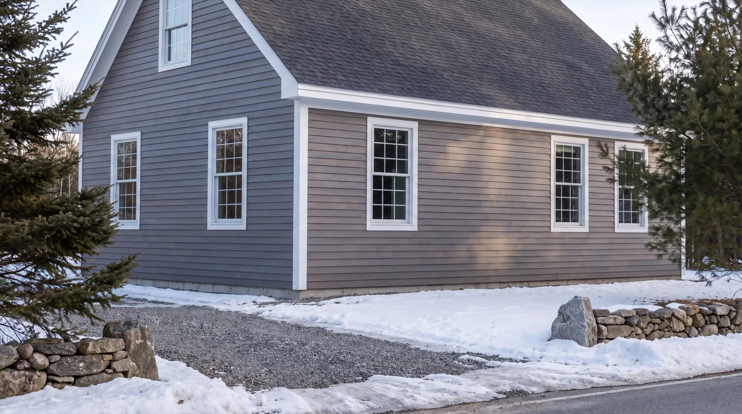 New home builder Randolph Maine: finished cape with gray lap siding and white trim beside a snowy road