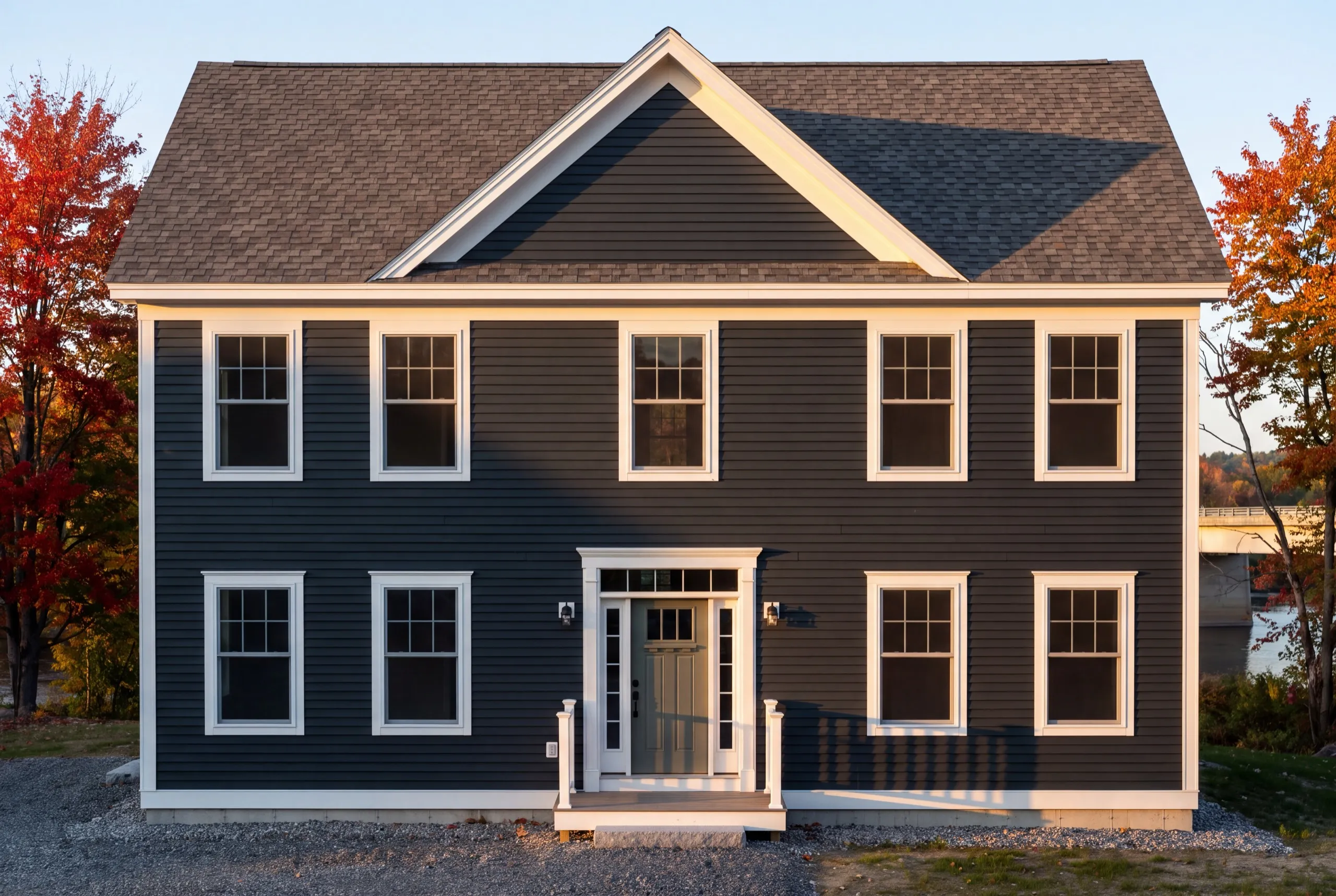 Residential home builder Randolph Maine: finished navy five-bay two-story colonial with a bridge behind it