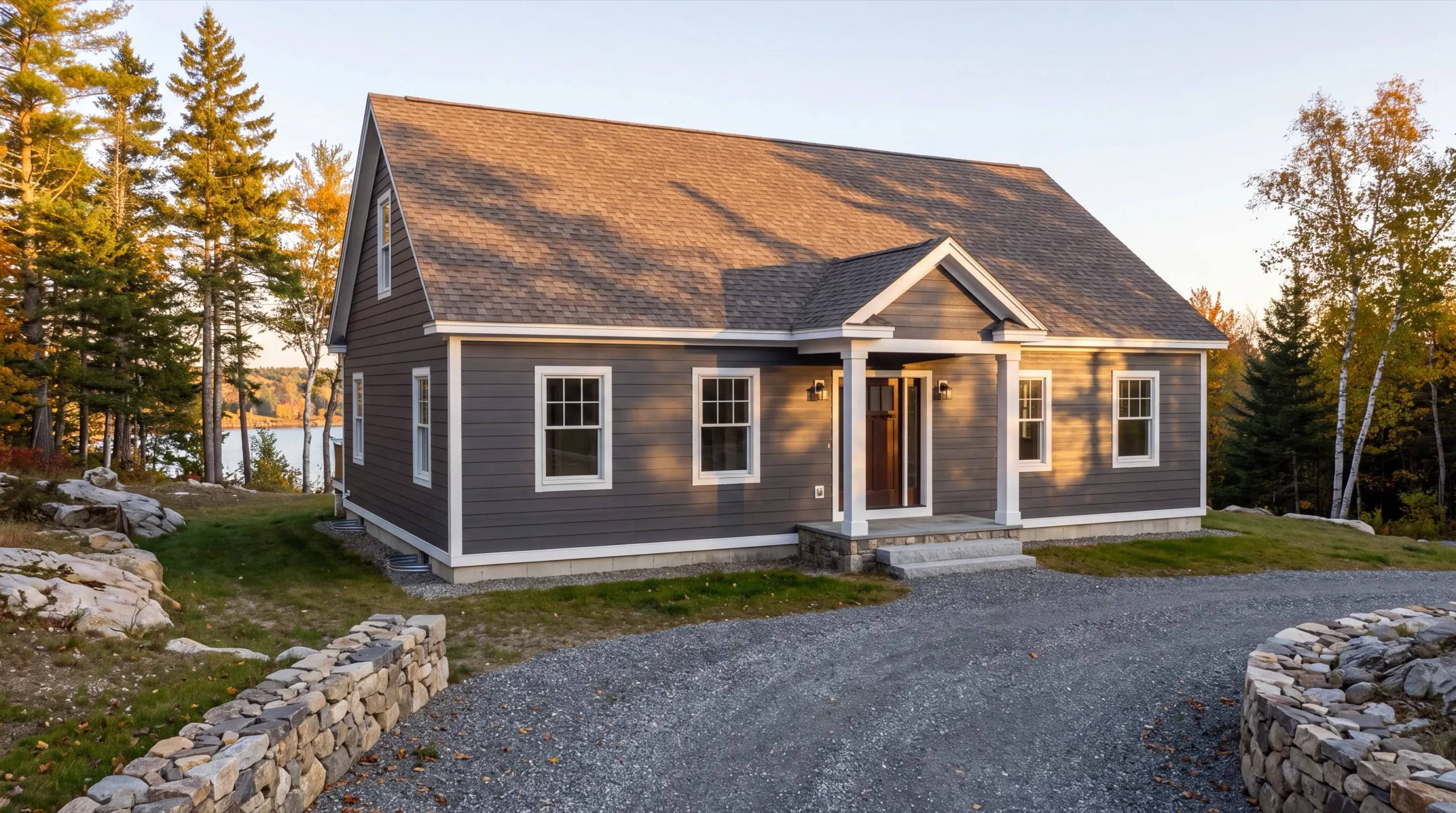 Custom home builder Richmond Maine: finished gray cape with a gabled entry porch on a gravel drive