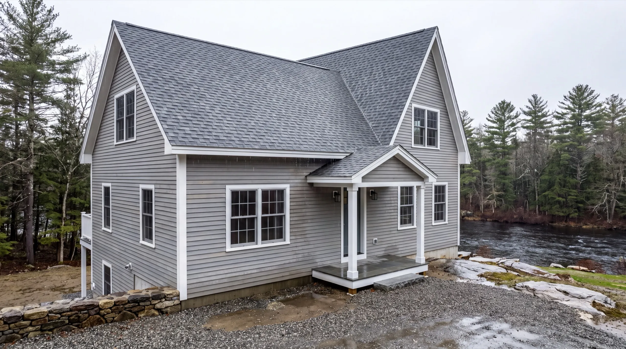 Custom home builder in Richmond, ME: finished gray story-and-a-half house with a gabled entry by a river