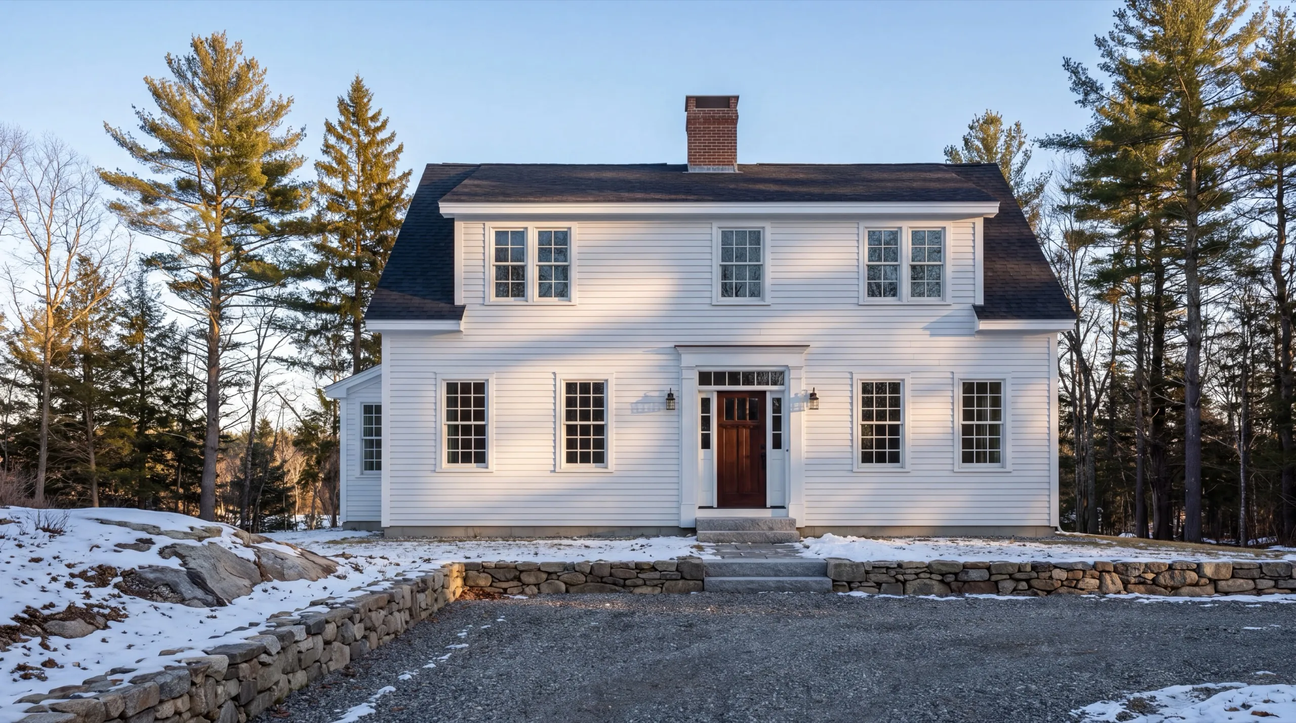 Residential home builder Central Maine: finished white two-story house with lap siding, dormers and a stone wall in snow